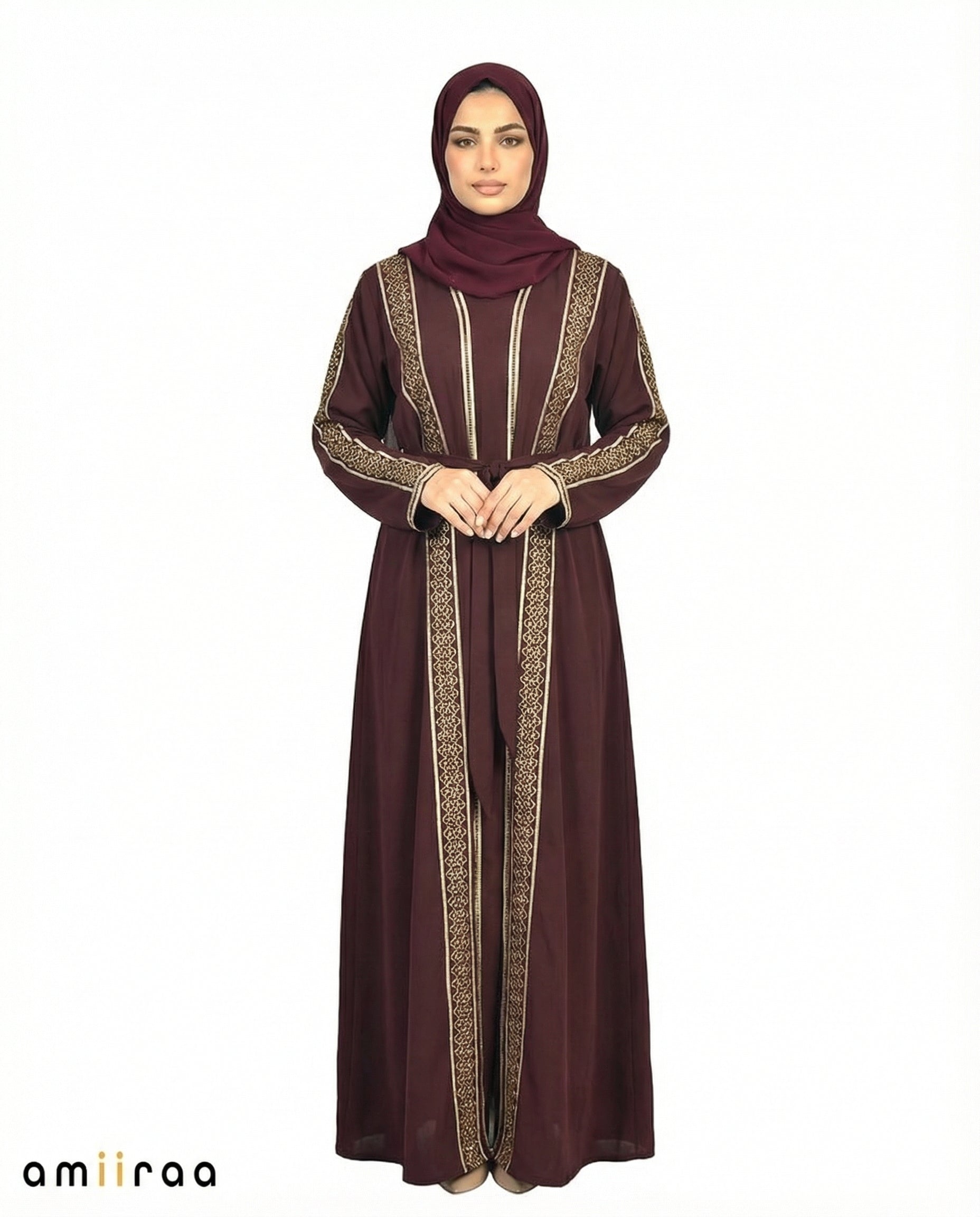 Winetasting Stone Embellished 2 Piece Abaya with Belt
