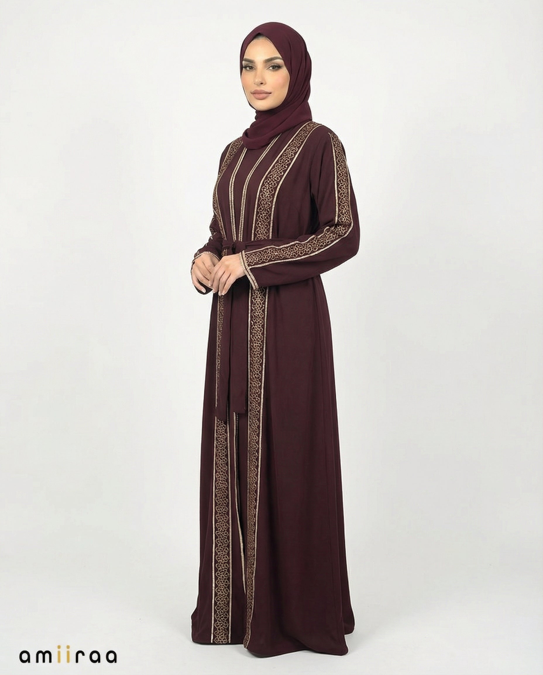 Winetasting Stone Embellished 2 Piece Abaya with Belt