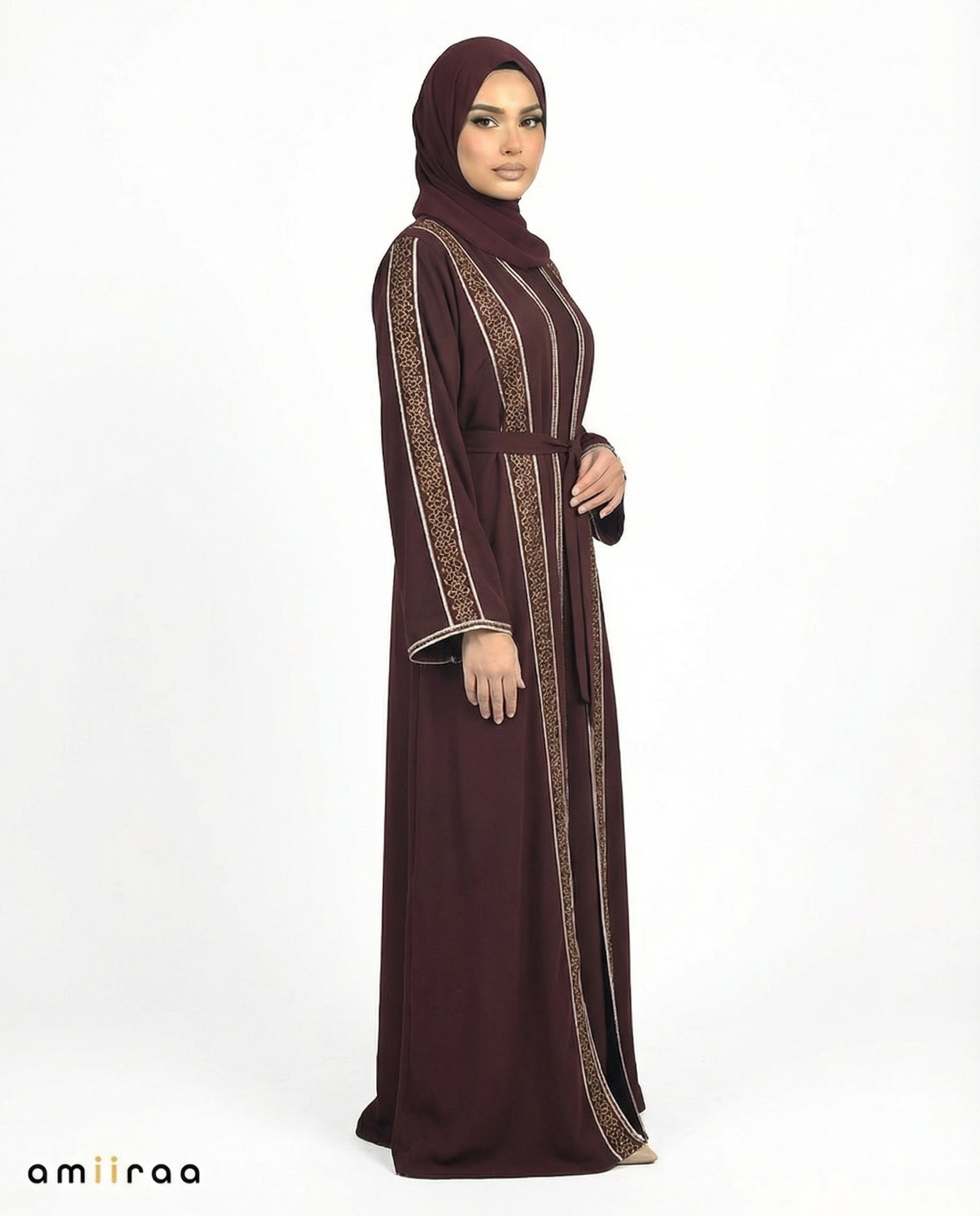 Winetasting Stone Embellished 2 Piece Abaya with Belt