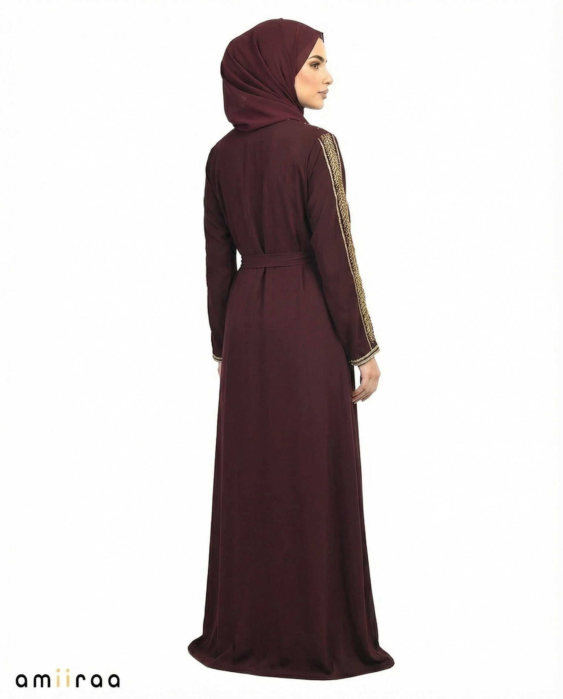 Winetasting Stone Embellished 2 Piece Abaya with Belt