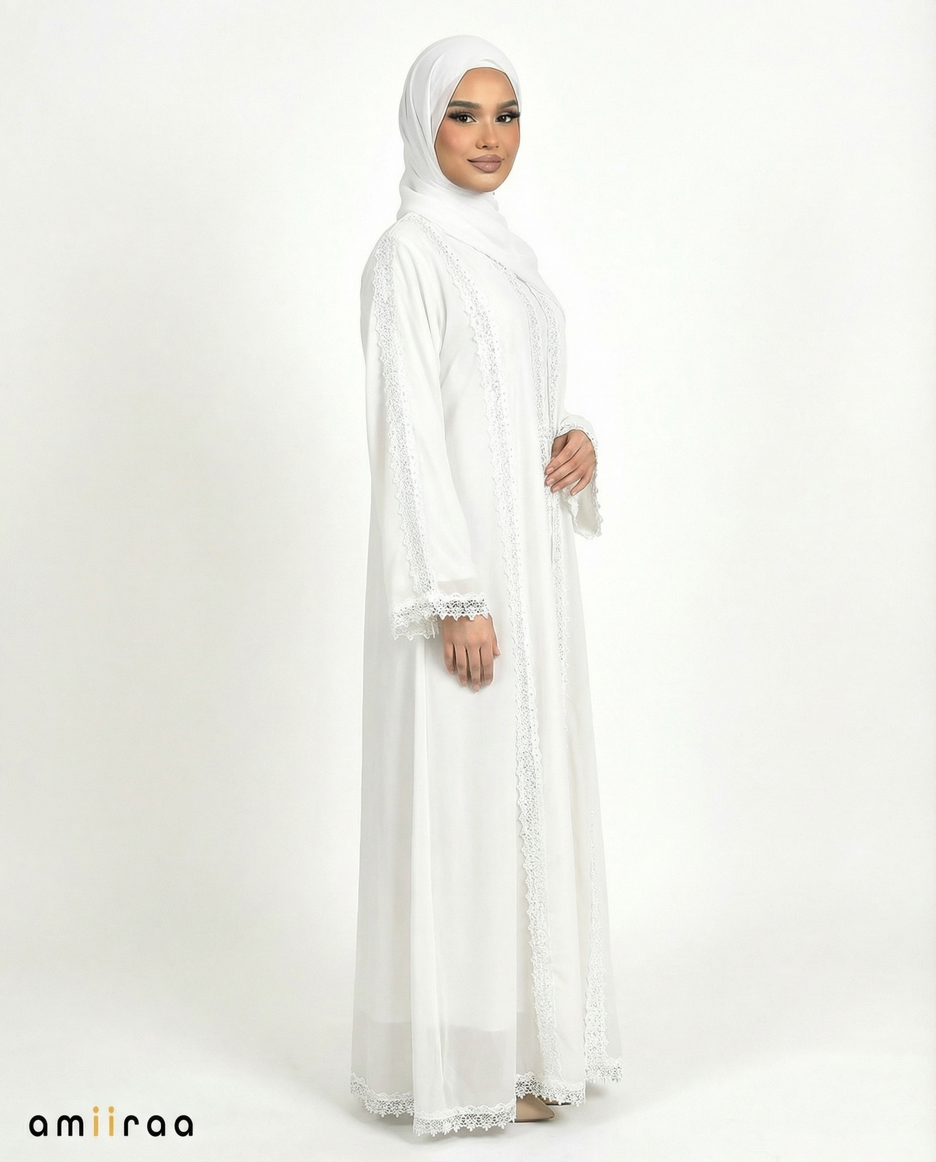 Lace Detailed 3 Piece Modest Chiffon Abaya Set - Bit of Blue
