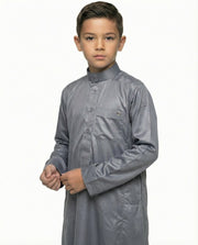 Gray Emirati Button Collar Thobe with Metal Pocket Badge