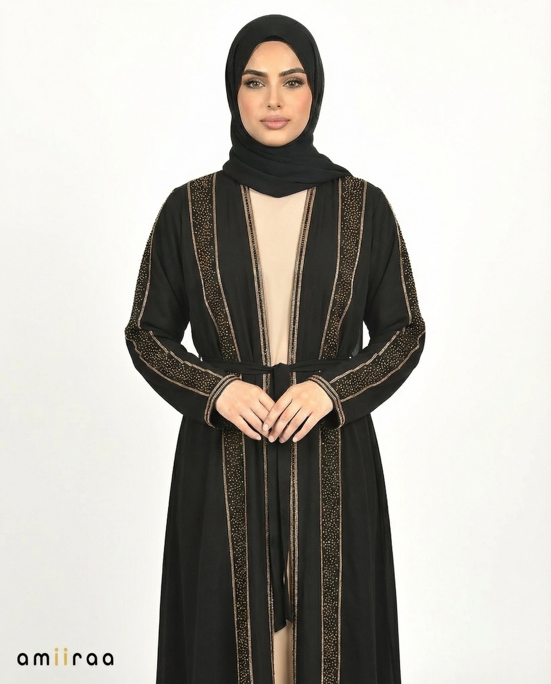Fallen Rock Stone Embellished 2 Piece Abaya with Belt