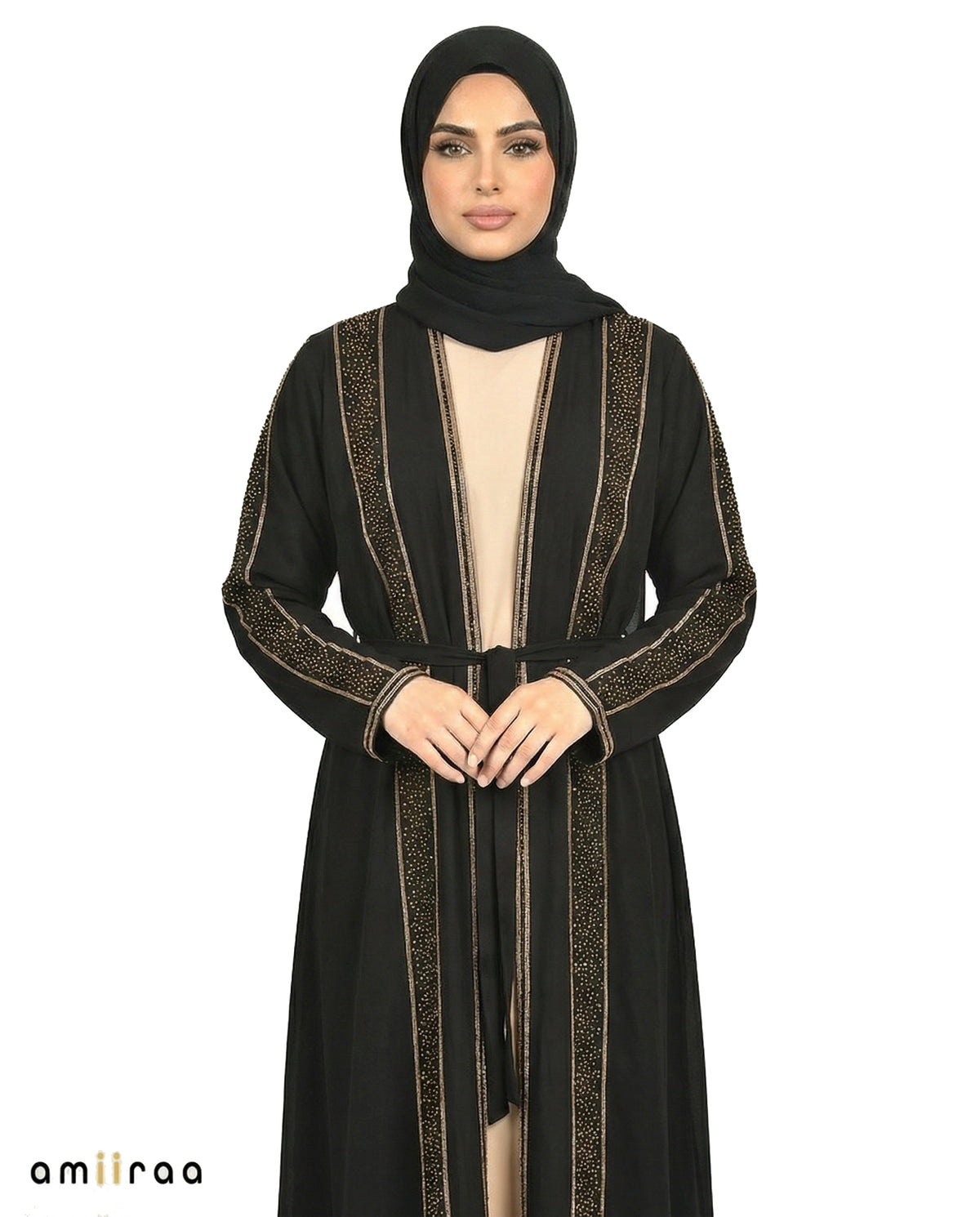 Fallen Rock Stone Embellished 2 Piece Abaya with Belt