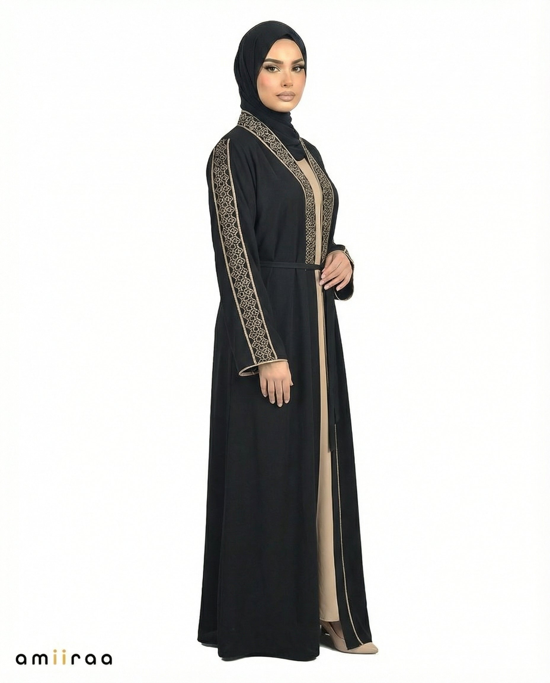 Fallen Rock Stone Embellished 2 Piece Abaya with Belt