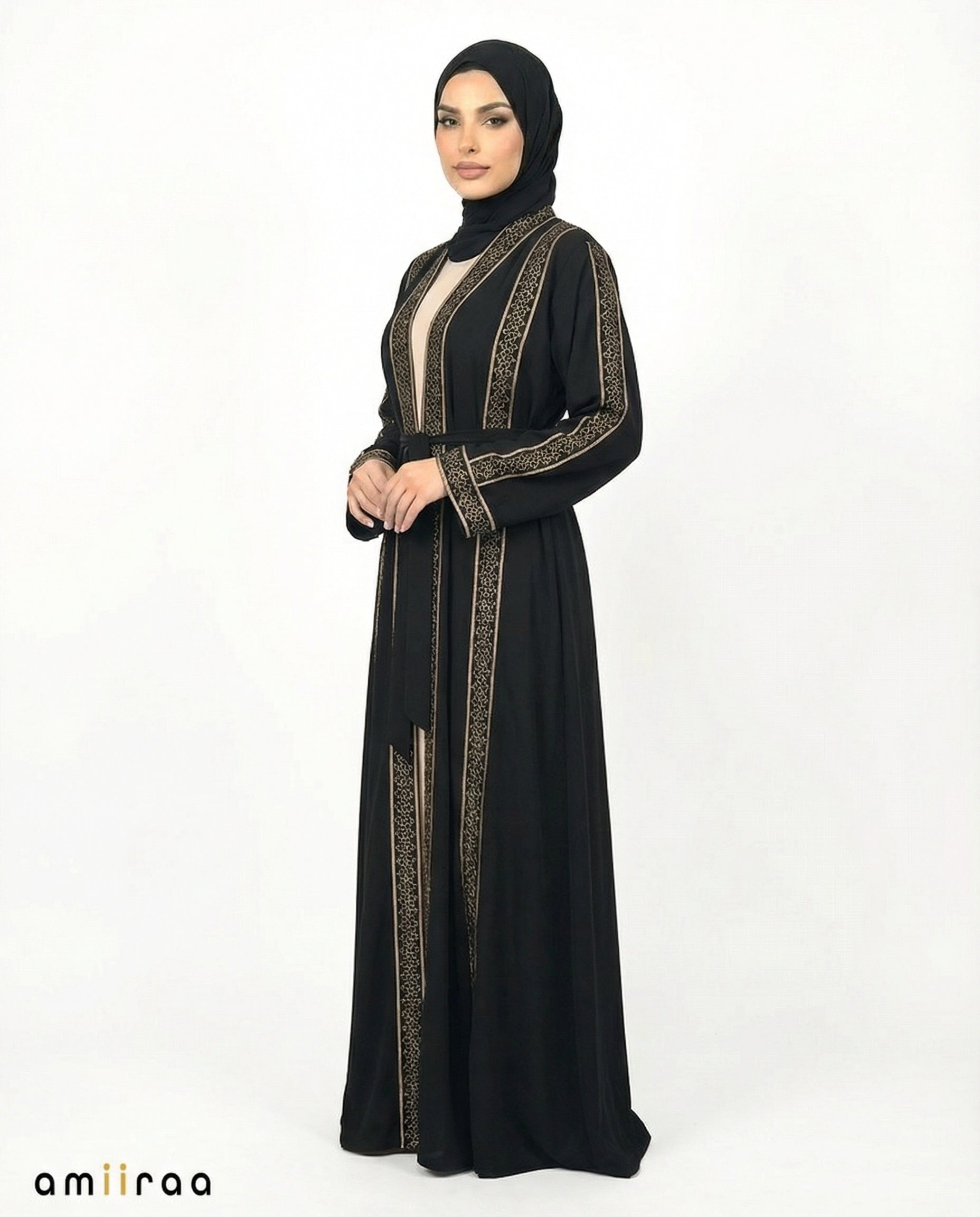 Fallen Rock Stone Embellished 2 Piece Abaya with Belt