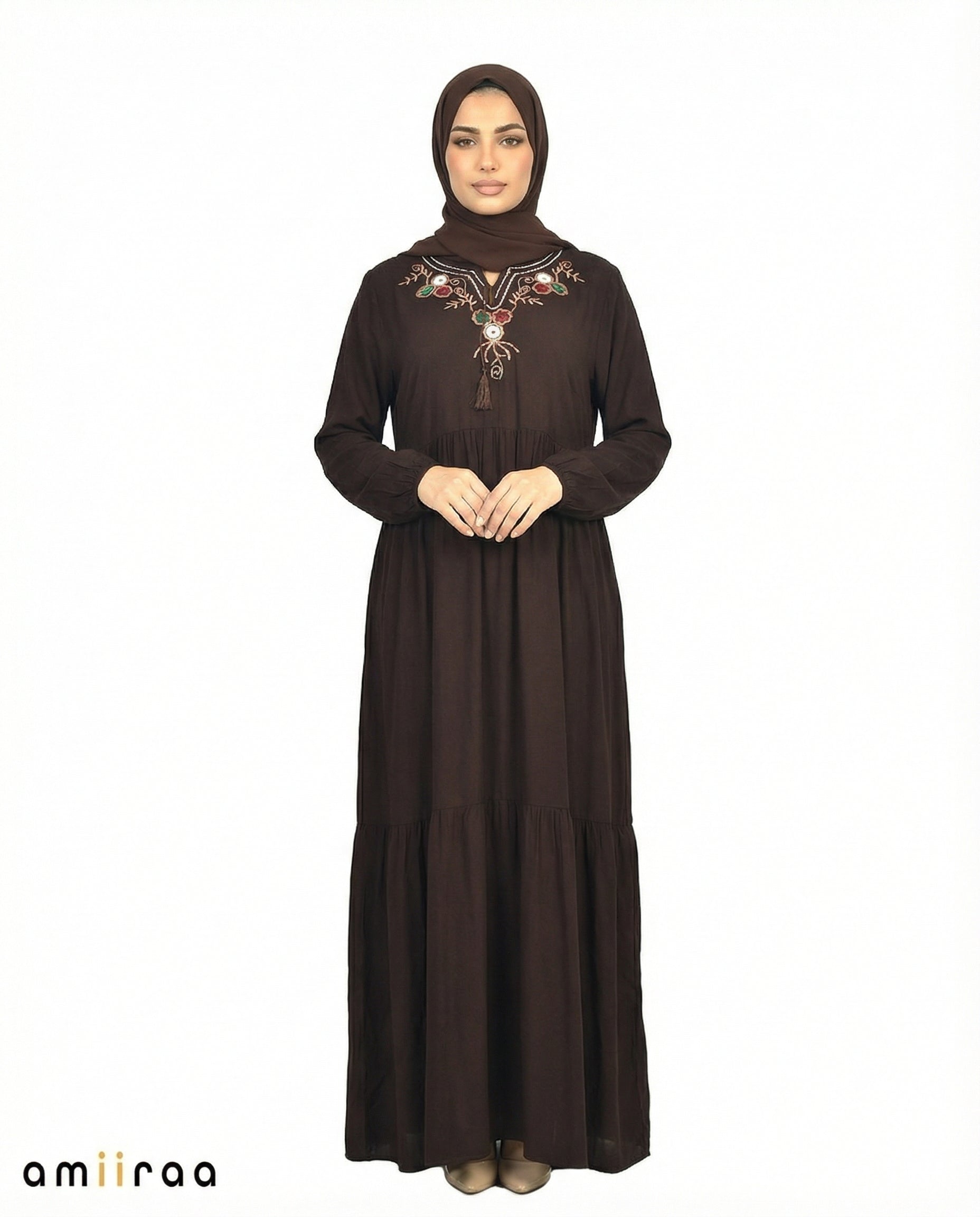 Licorice Floral Embroidered Tassel Tie Viscose Tiered Maxi Dress