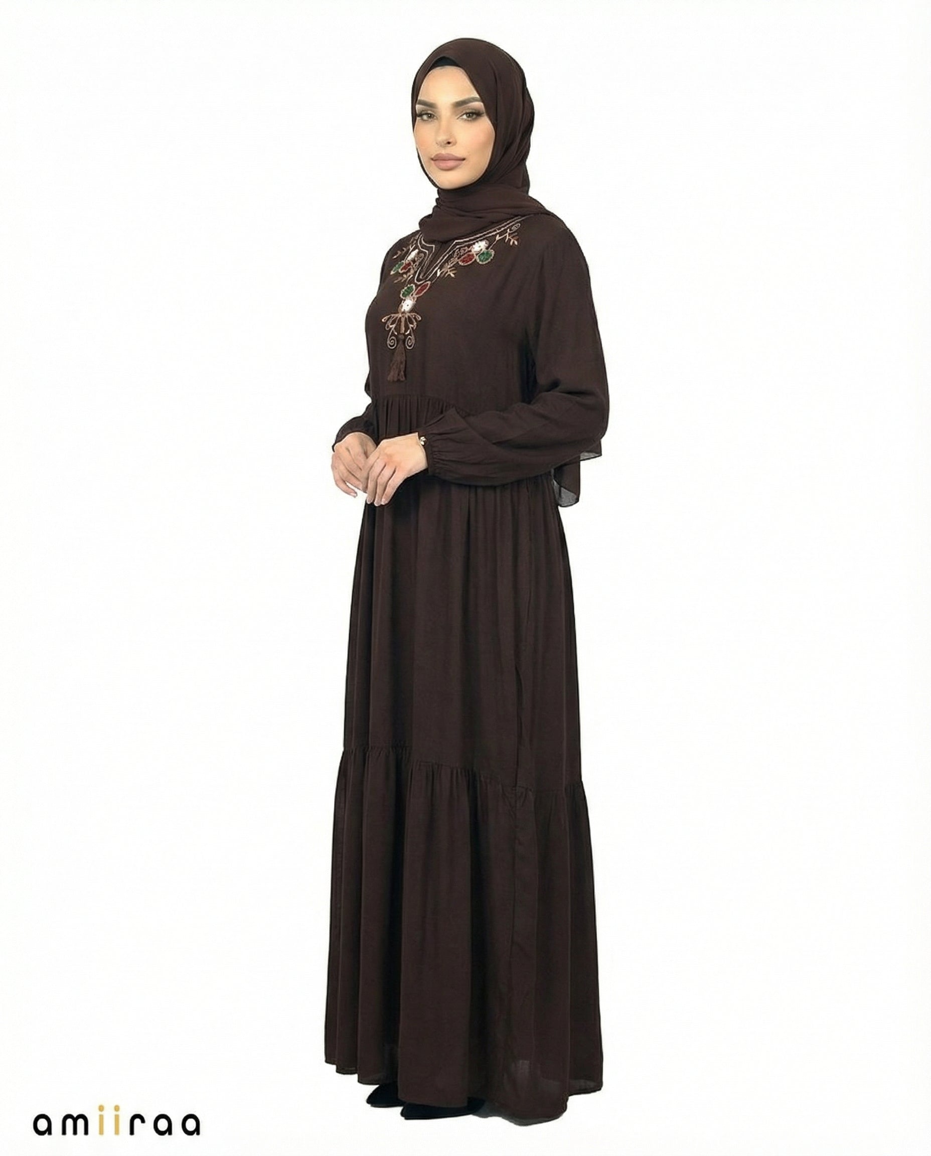 Licorice Floral Embroidered Tassel Tie Viscose Tiered Maxi Dress