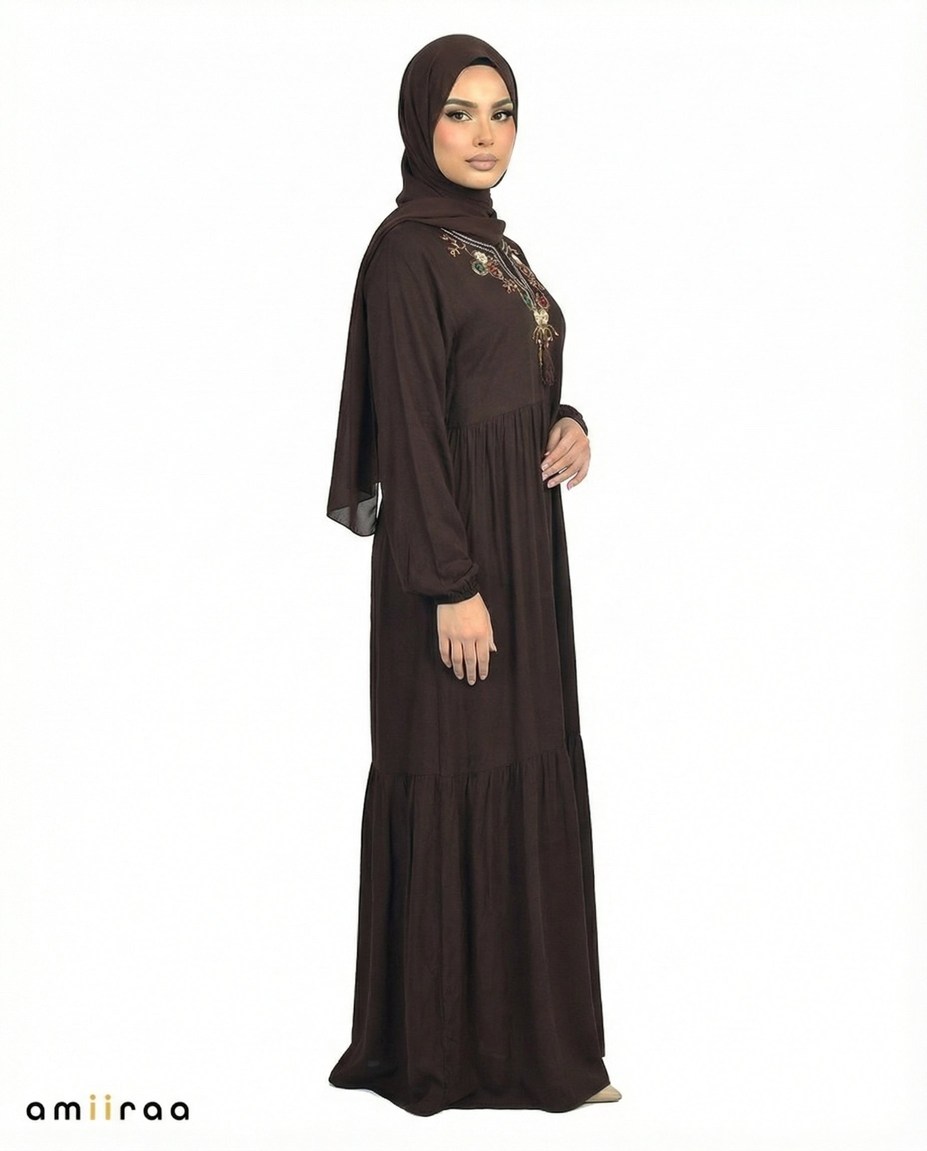 Licorice Floral Embroidered Tassel Tie Viscose Tiered Maxi Dress