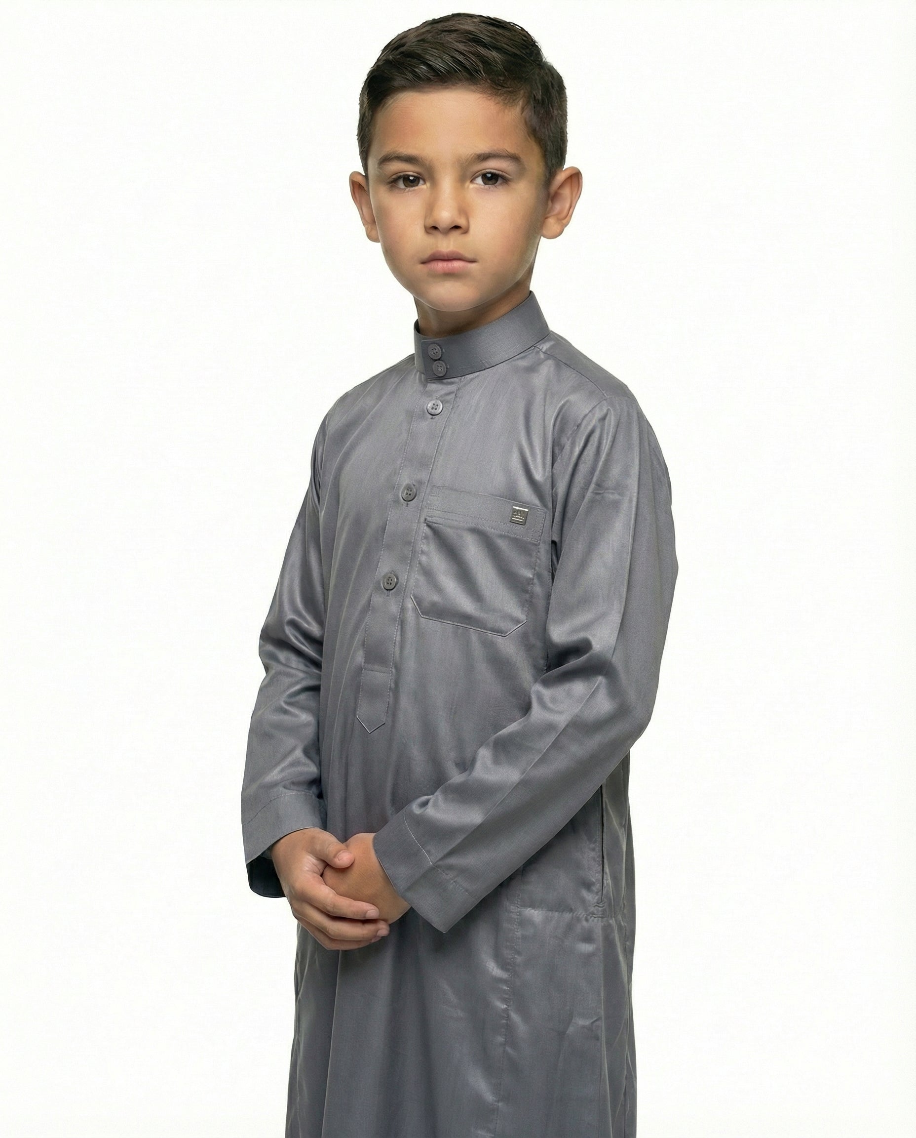 Gray Emirati Button Collar Thobe with Metal Pocket Badge