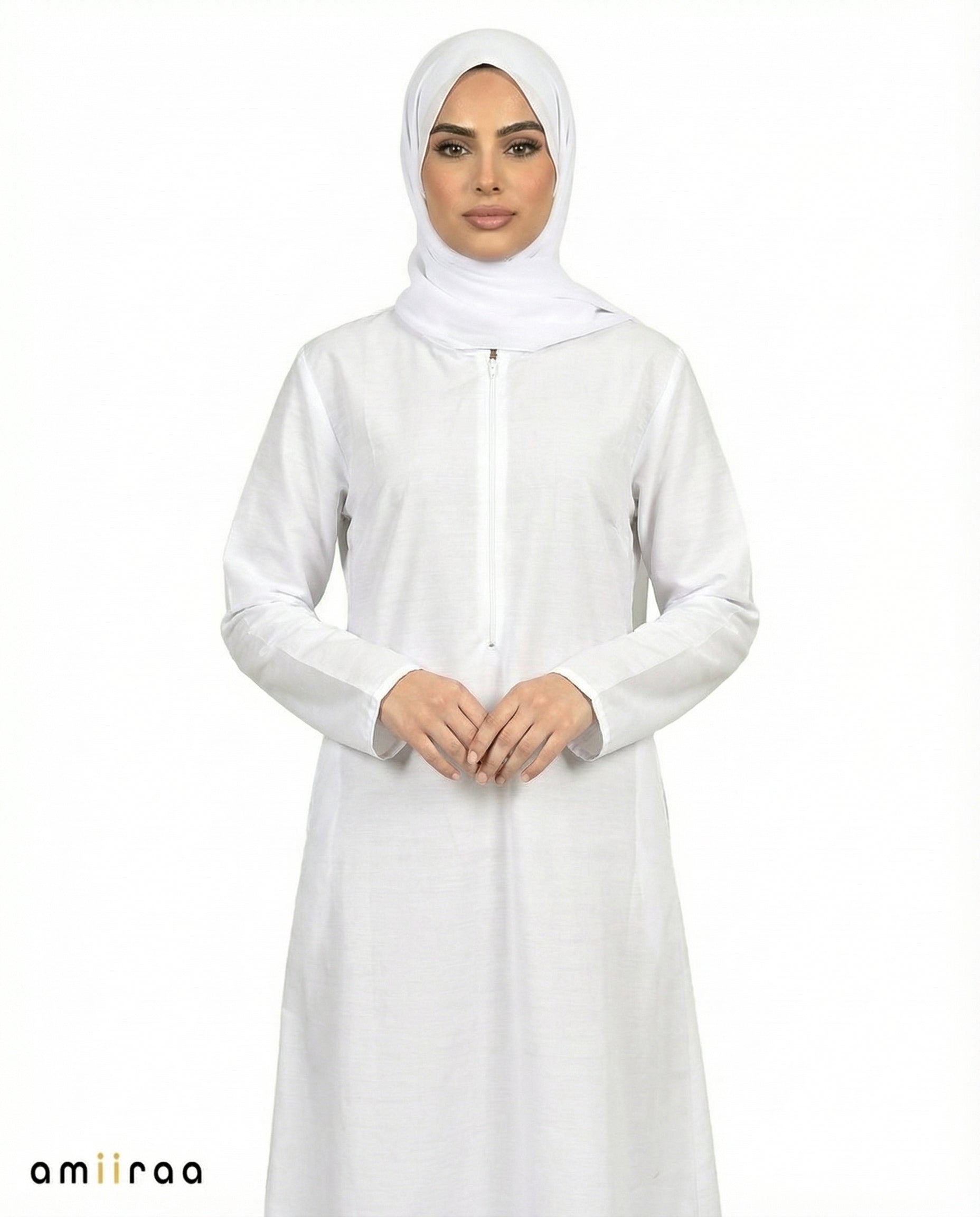 Brilliant White Classic Modest Zip-Front Ladies Ihram Dress