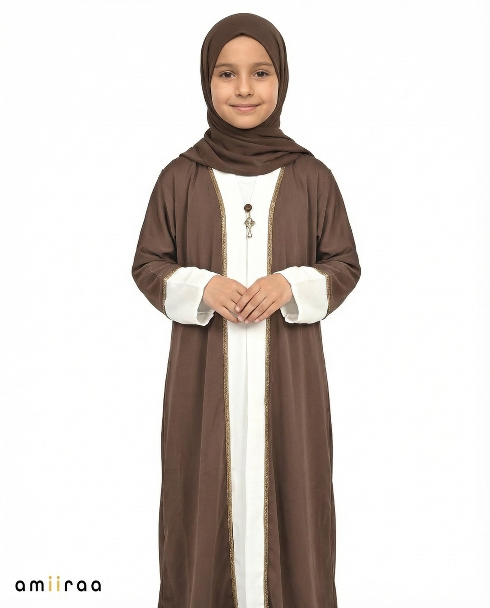 Coffee Quaetz Elegant Open Abaya with Gold Trim Detailing