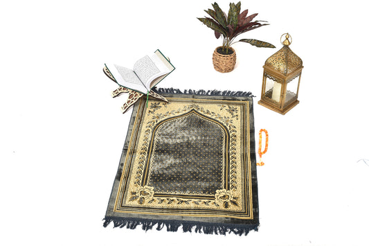 Elegant Prayer Rug – Classic Grey with Golden Floral Embroidery ( musallahs )