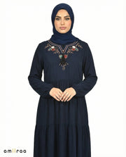 Navy Blazer Floral Embroidered Tassel Tie Viscose Tiered Maxi Dress