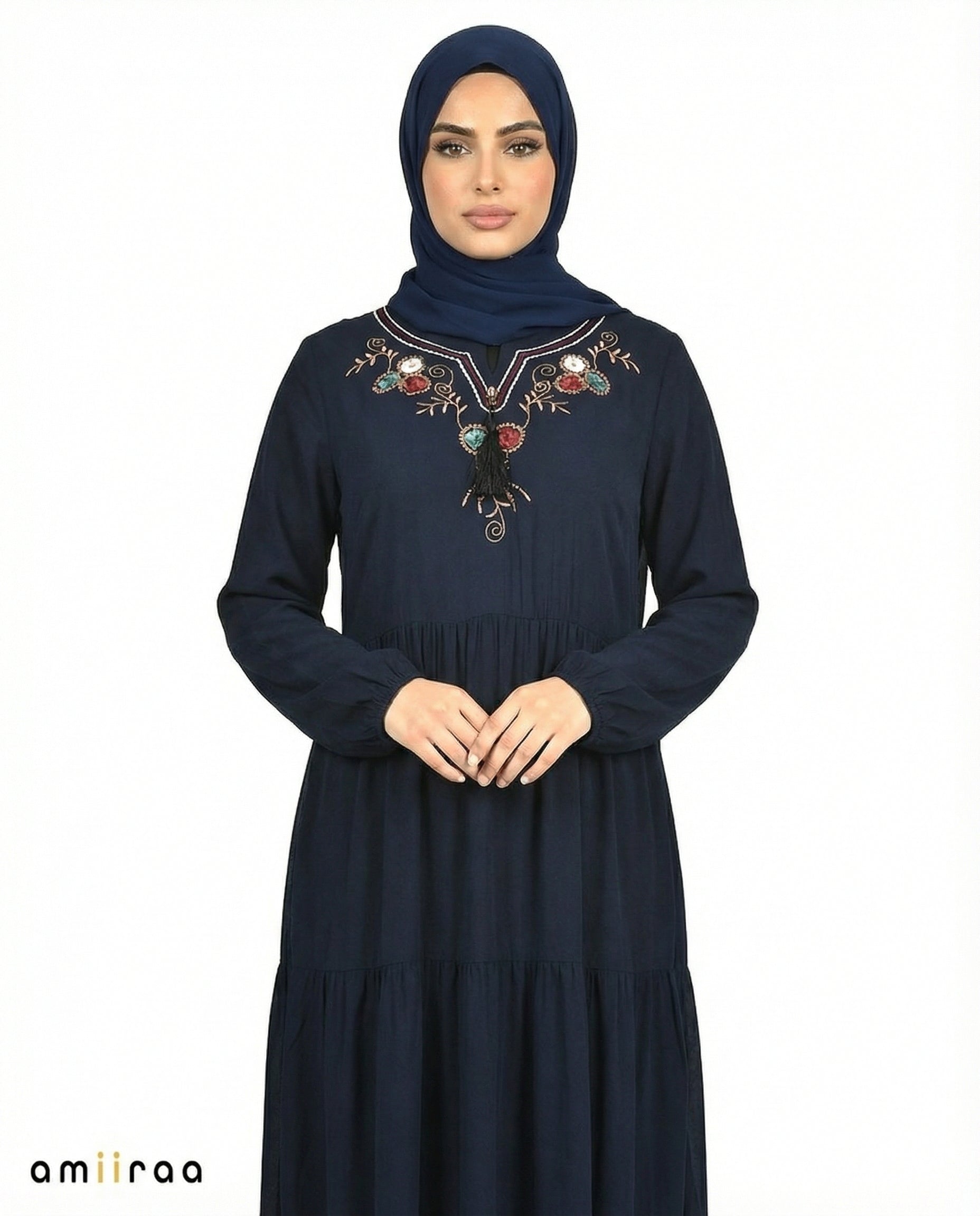 Navy Blazer Floral Embroidered Tassel Tie Viscose Tiered Maxi Dress