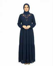 Navy Blazer Floral Embroidered Tassel Tie Viscose Tiered Maxi Dress