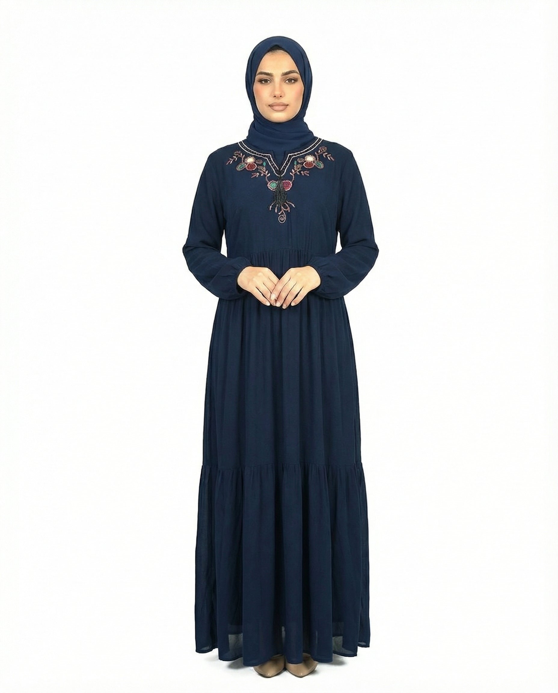 Navy Blazer Floral Embroidered Tassel Tie Viscose Tiered Maxi Dress