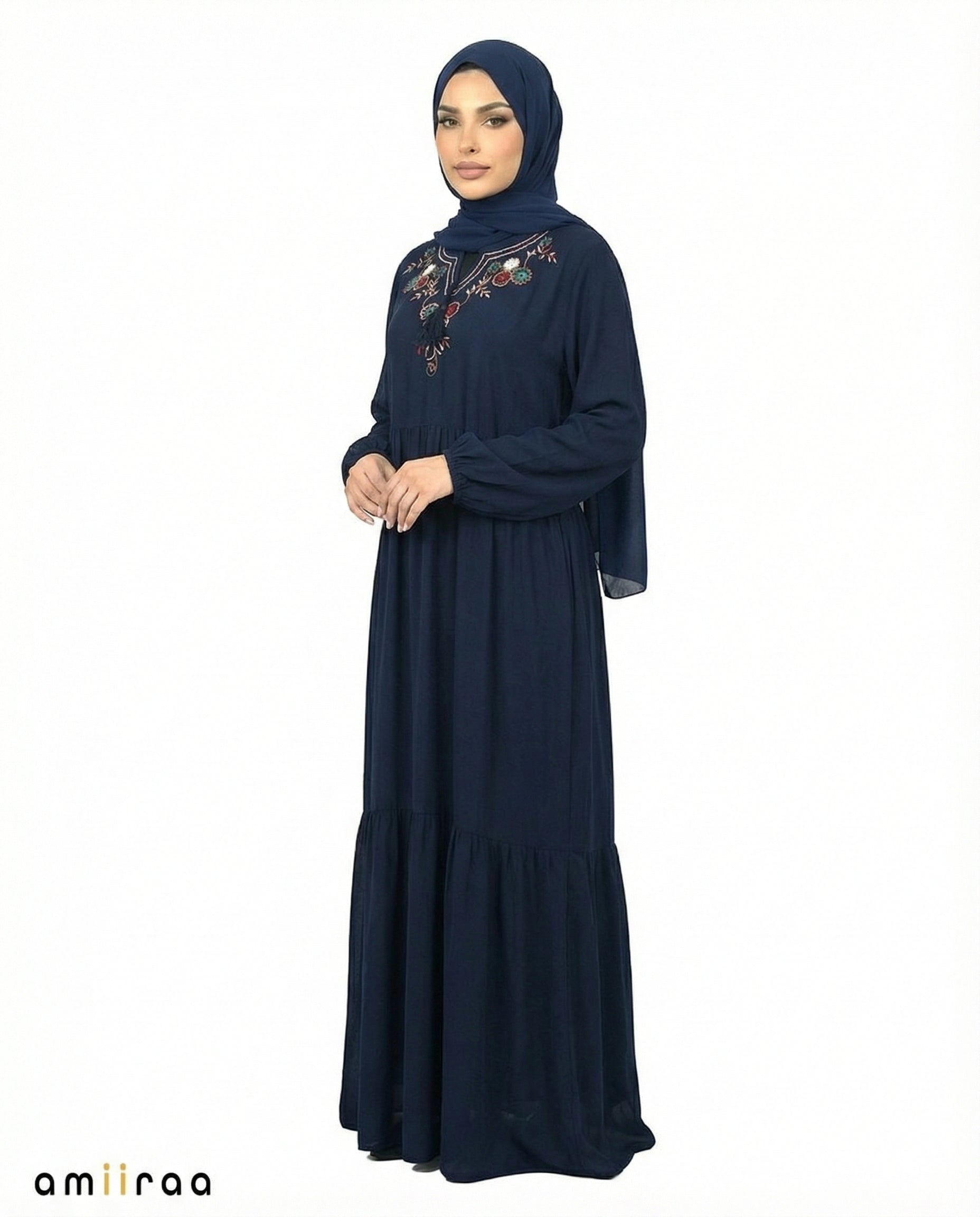 Navy Blazer Floral Embroidered Tassel Tie Viscose Tiered Maxi Dress