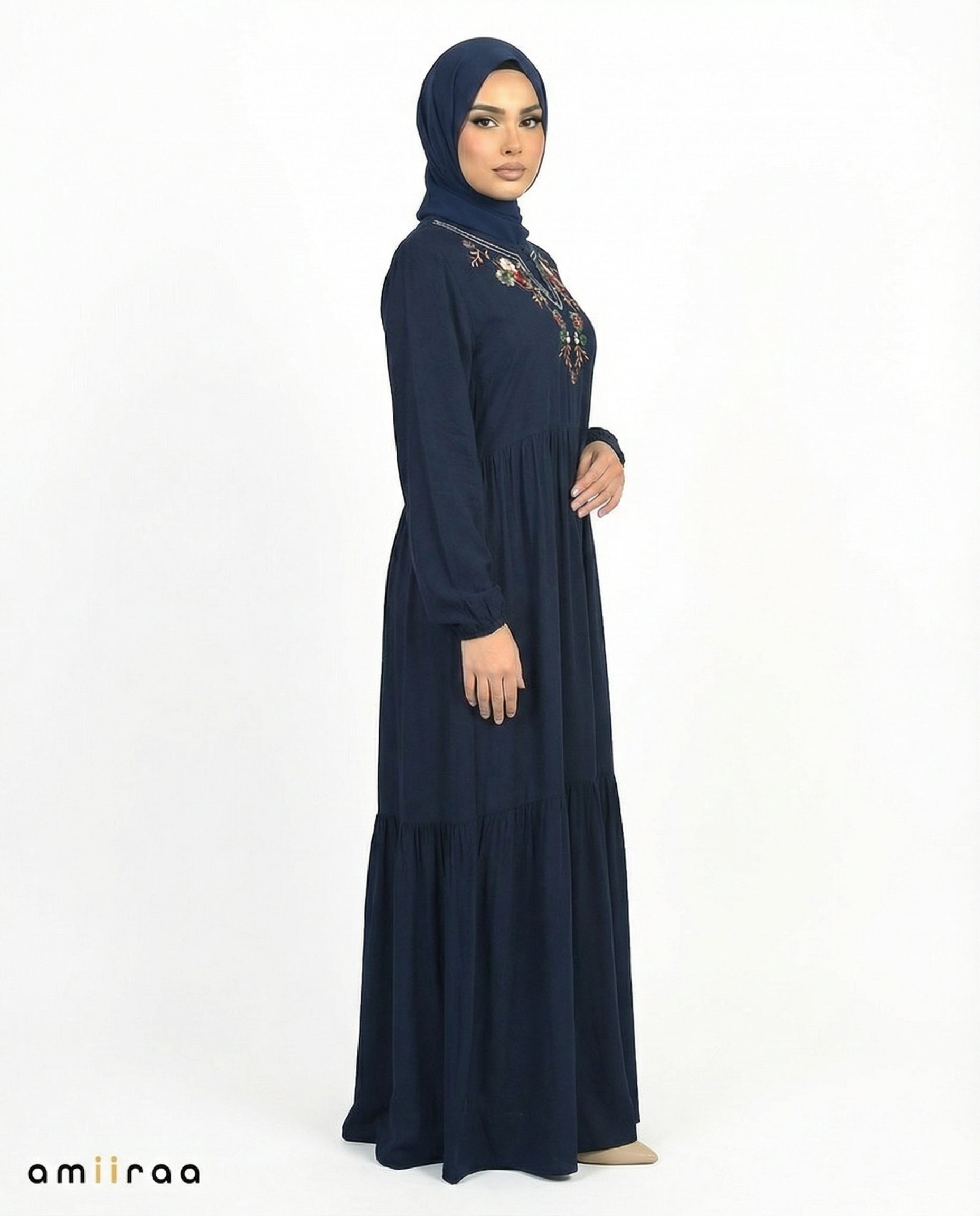 Navy Blazer Floral Embroidered Tassel Tie Viscose Tiered Maxi Dress