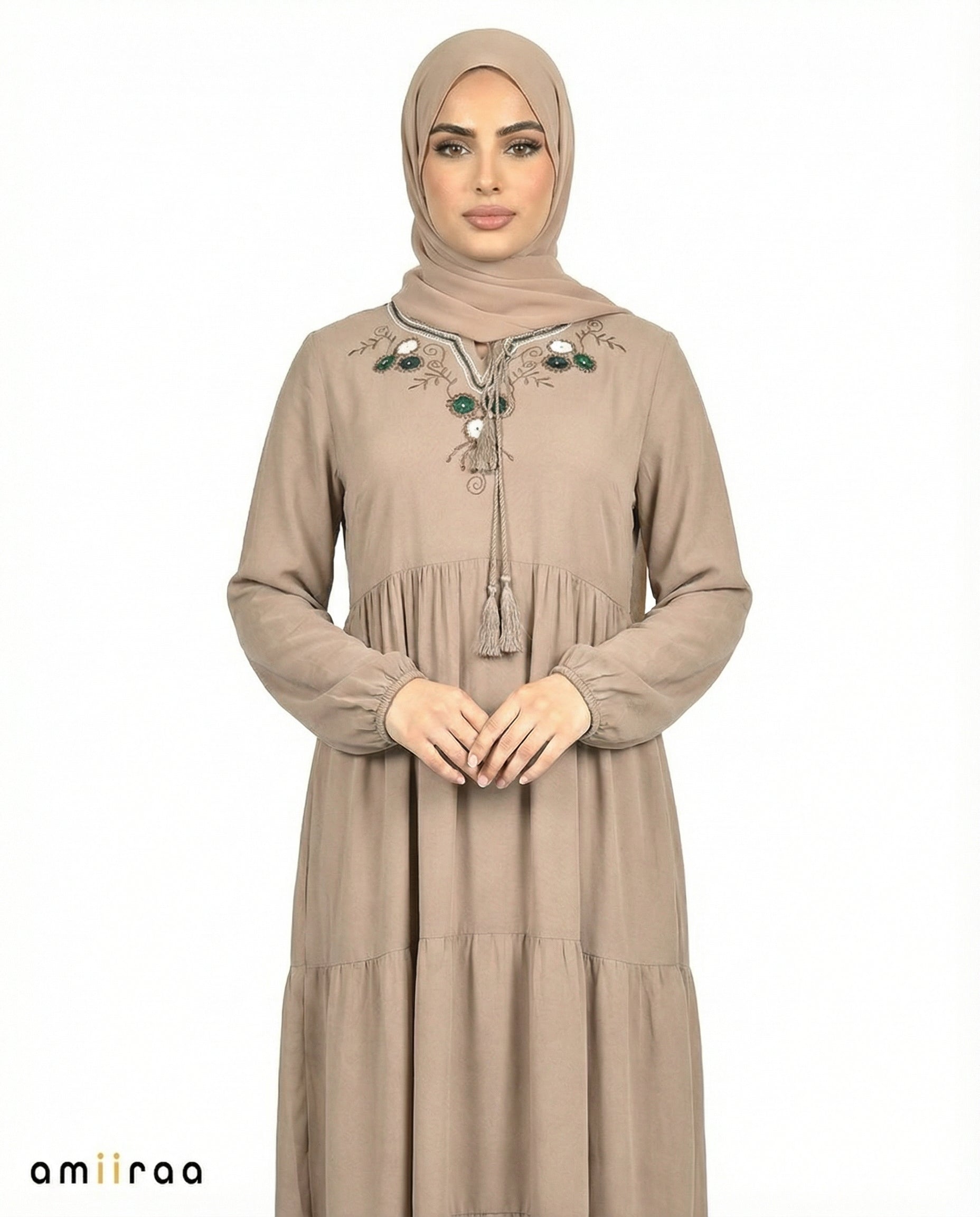 Crockery Floral Embroidered Tassel Tie Viscose Tiered Maxi Dress