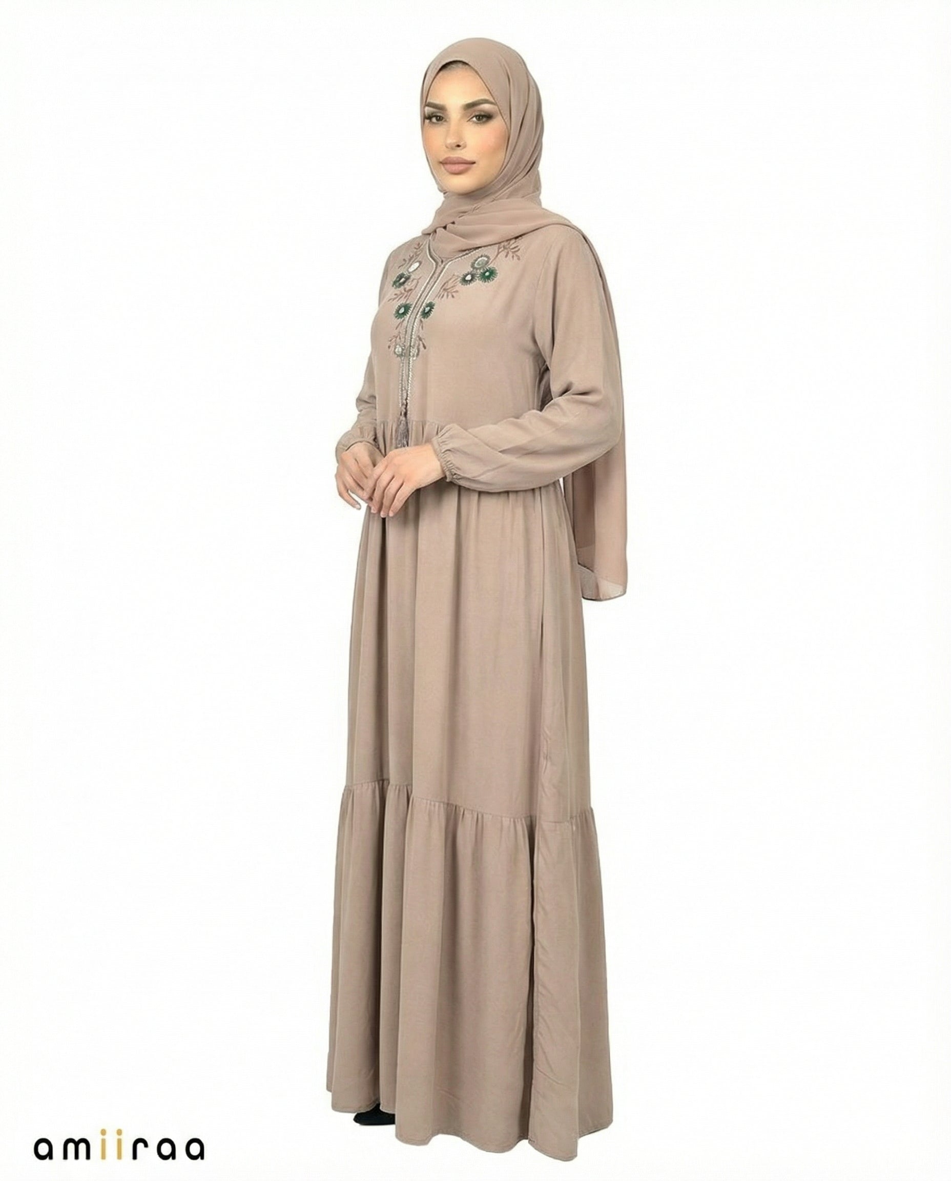 Crockery Floral Embroidered Tassel Tie Viscose Tiered Maxi Dress
