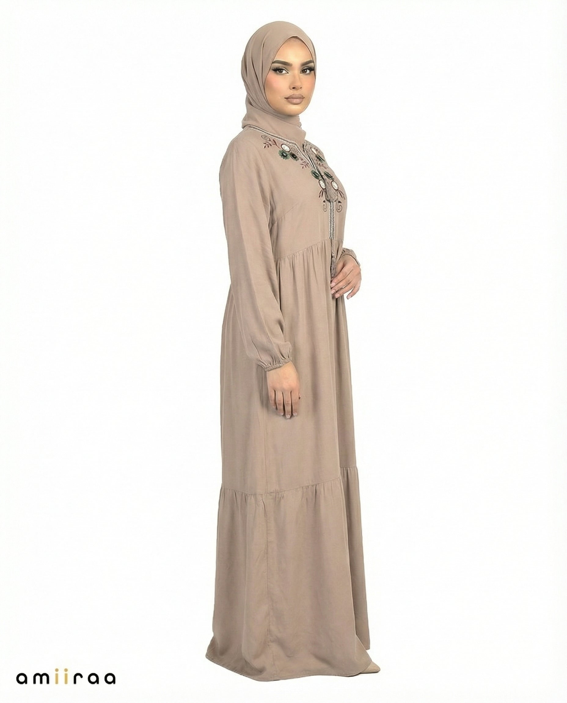 Crockery Floral Embroidered Tassel Tie Viscose Tiered Maxi Dress