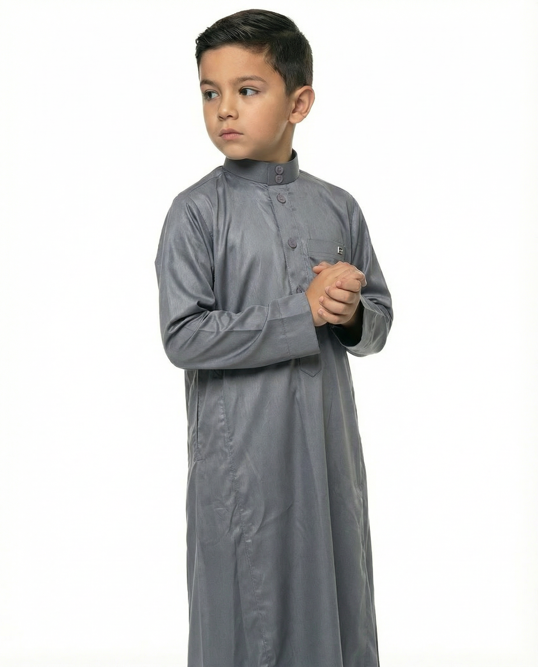 Gray Emirati Button Collar Thobe with Metal Pocket Badge