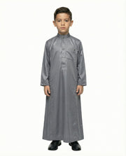 Gray Emirati Button Collar Thobe with Metal Pocket Badge