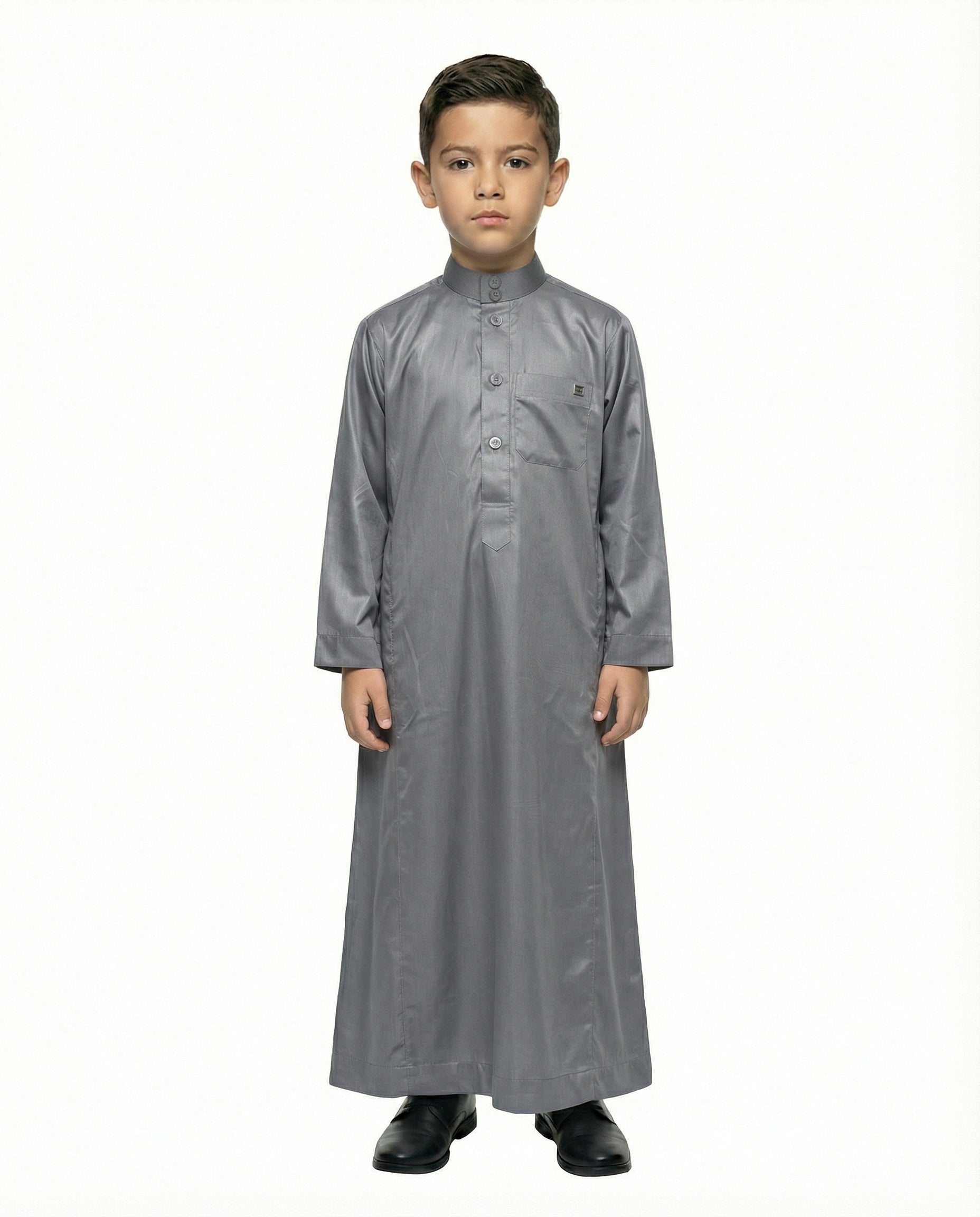 Gray Emirati Button Collar Thobe with Metal Pocket Badge