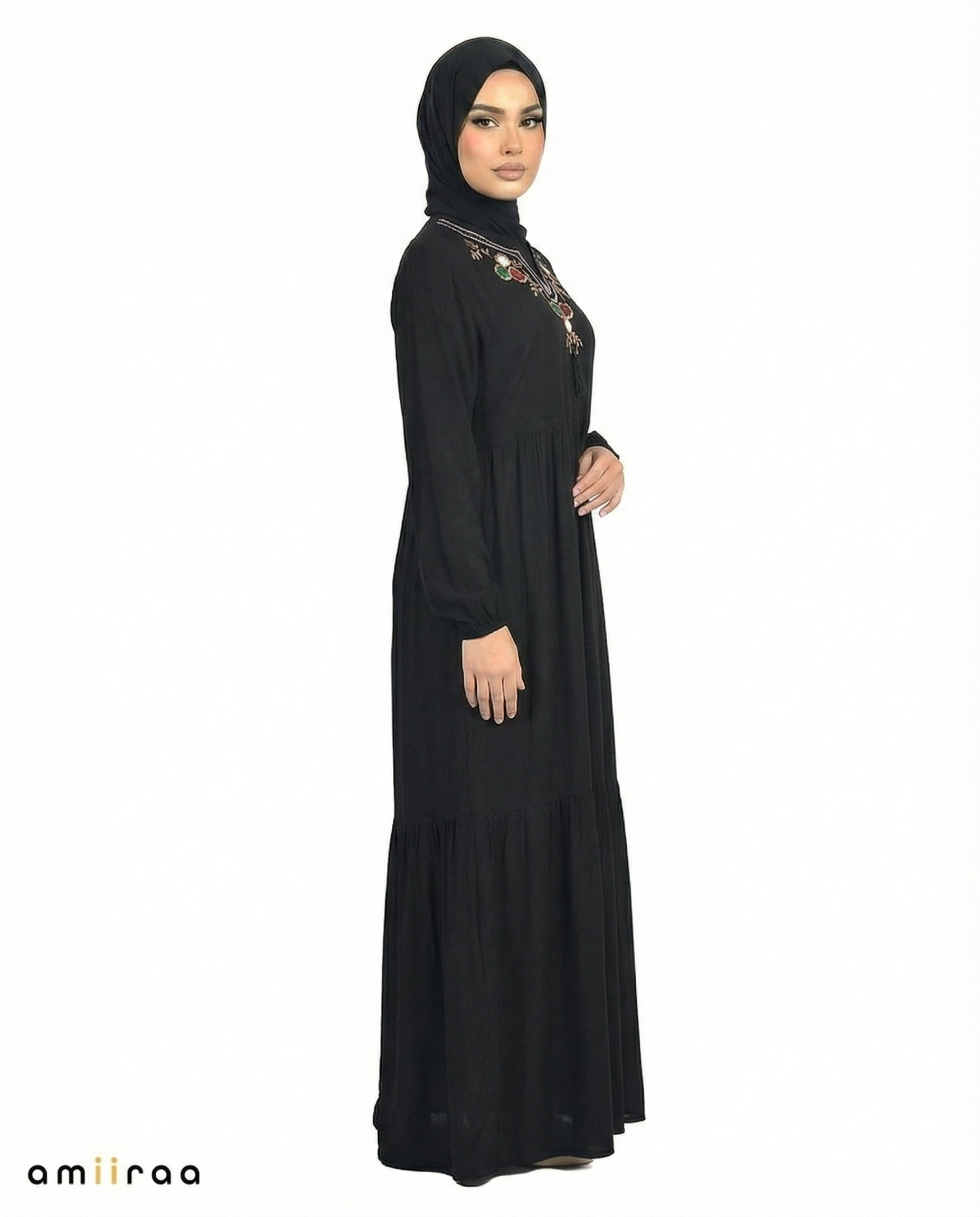 Tap Shoe Floral Embroidered Tassel Tie Viscose Tiered Maxi Dress