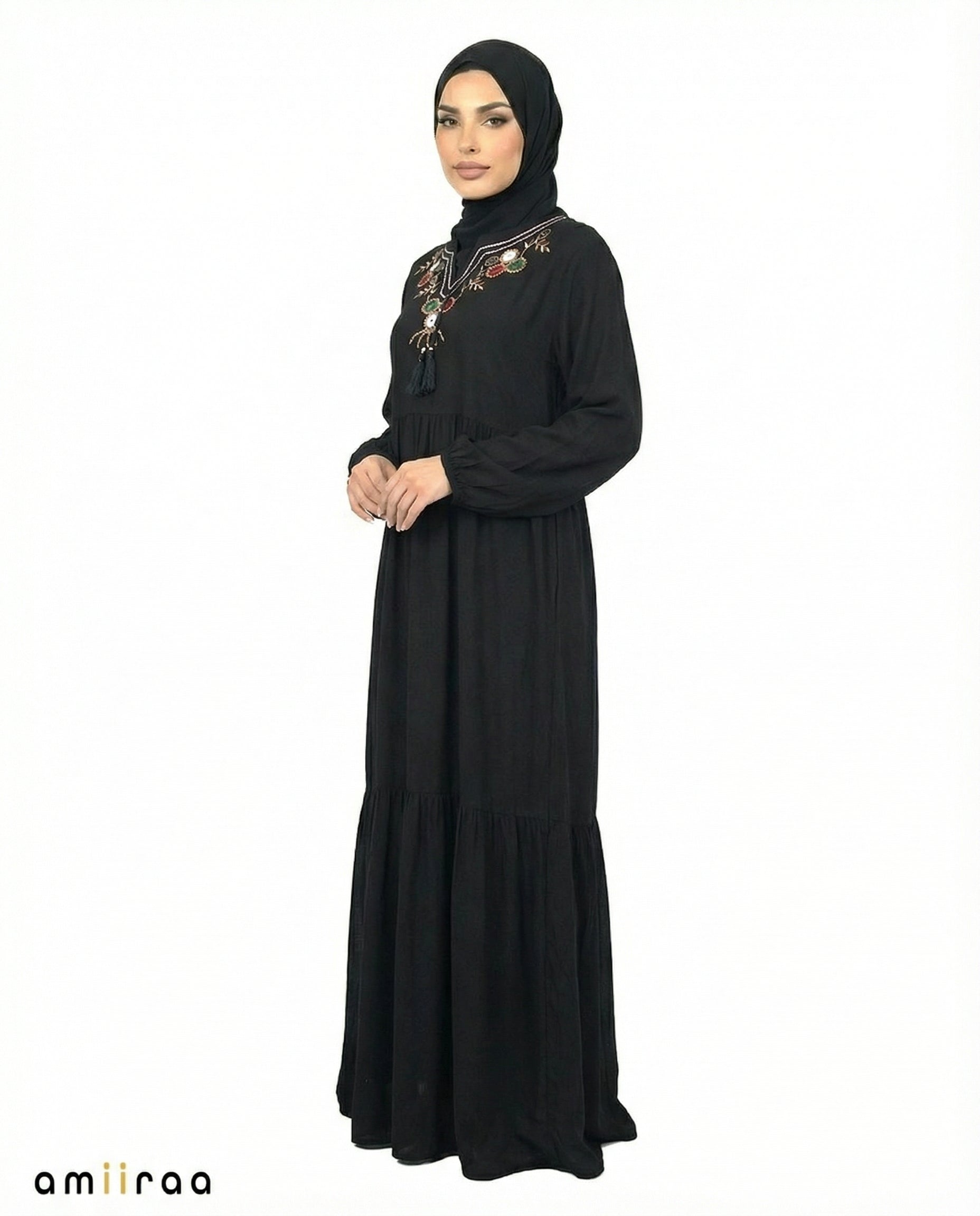 Tap Shoe Floral Embroidered Tassel Tie Viscose Tiered Maxi Dress