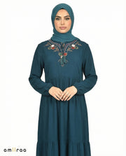 Moroccan Blue Floral Embroidered Tassel Tie Viscose Tiered Maxi Dress