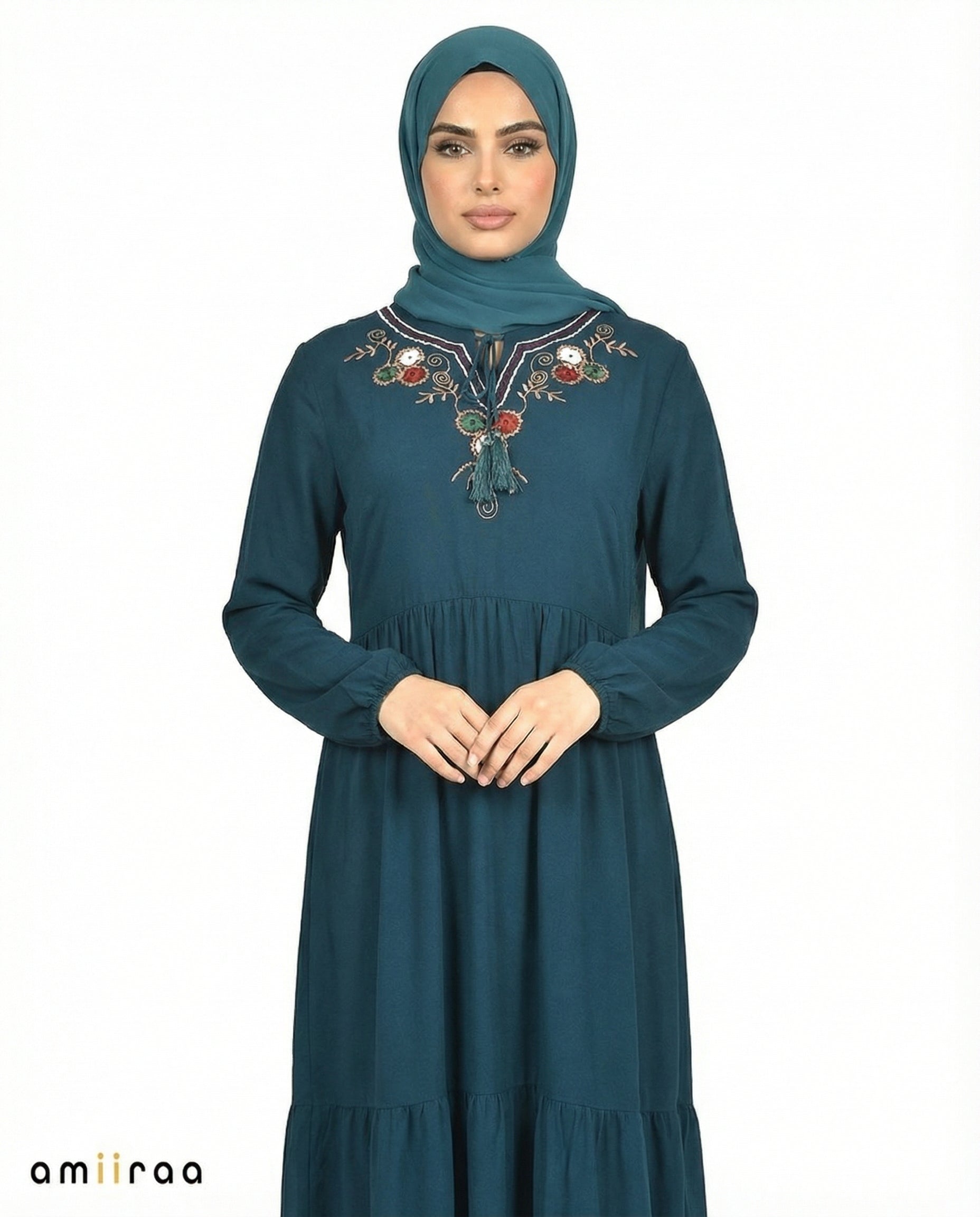 Moroccan Blue Floral Embroidered Tassel Tie Viscose Tiered Maxi Dress