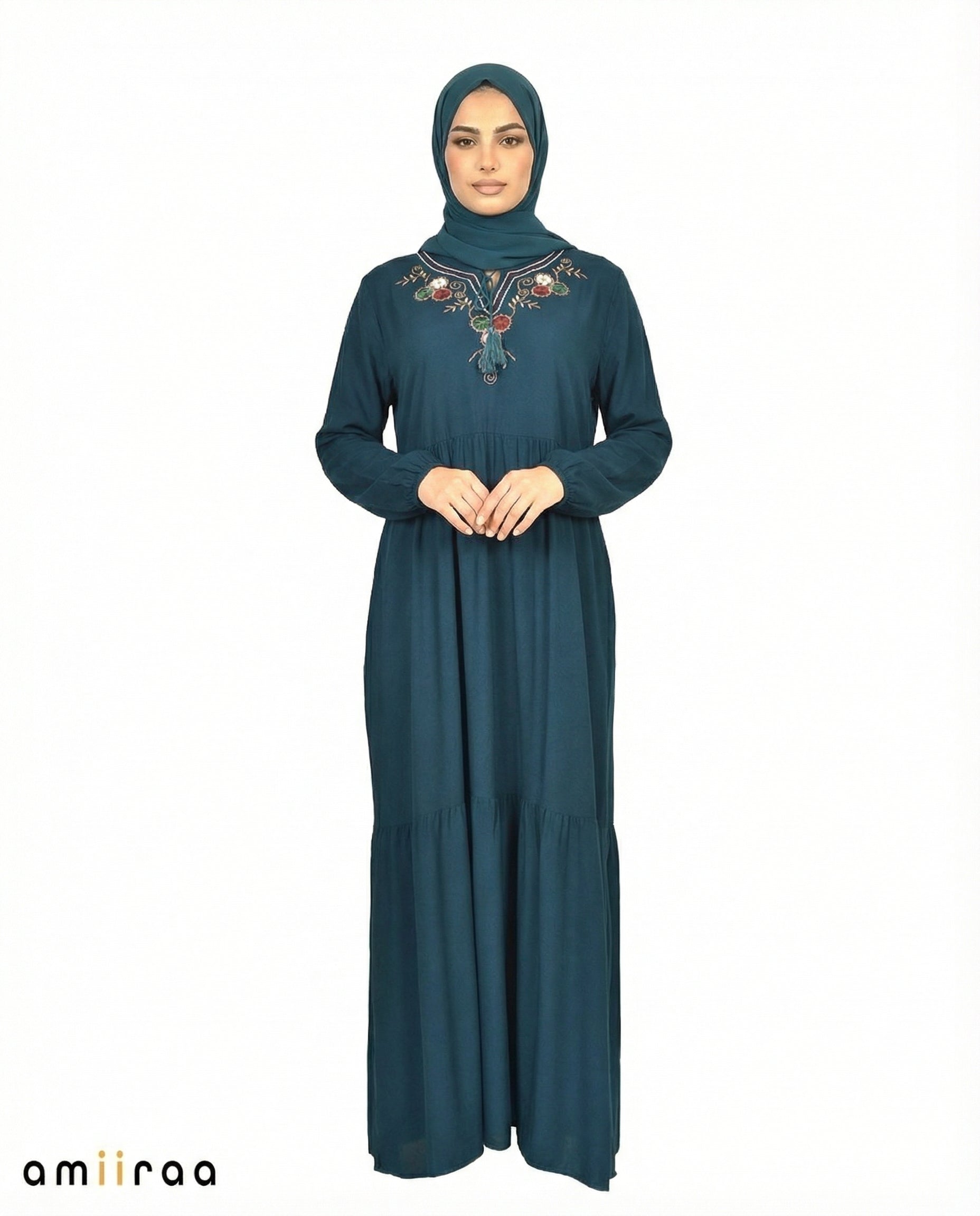 Moroccan Blue Floral Embroidered Tassel Tie Viscose Tiered Maxi Dress