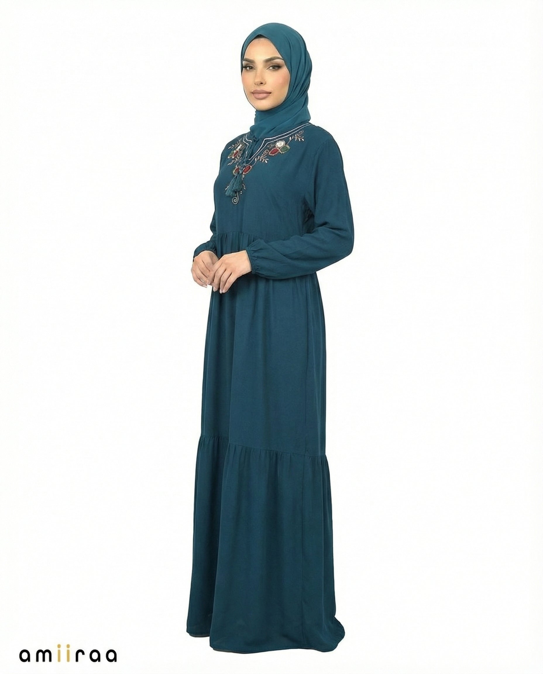 Moroccan Blue Floral Embroidered Tassel Tie Viscose Tiered Maxi Dress