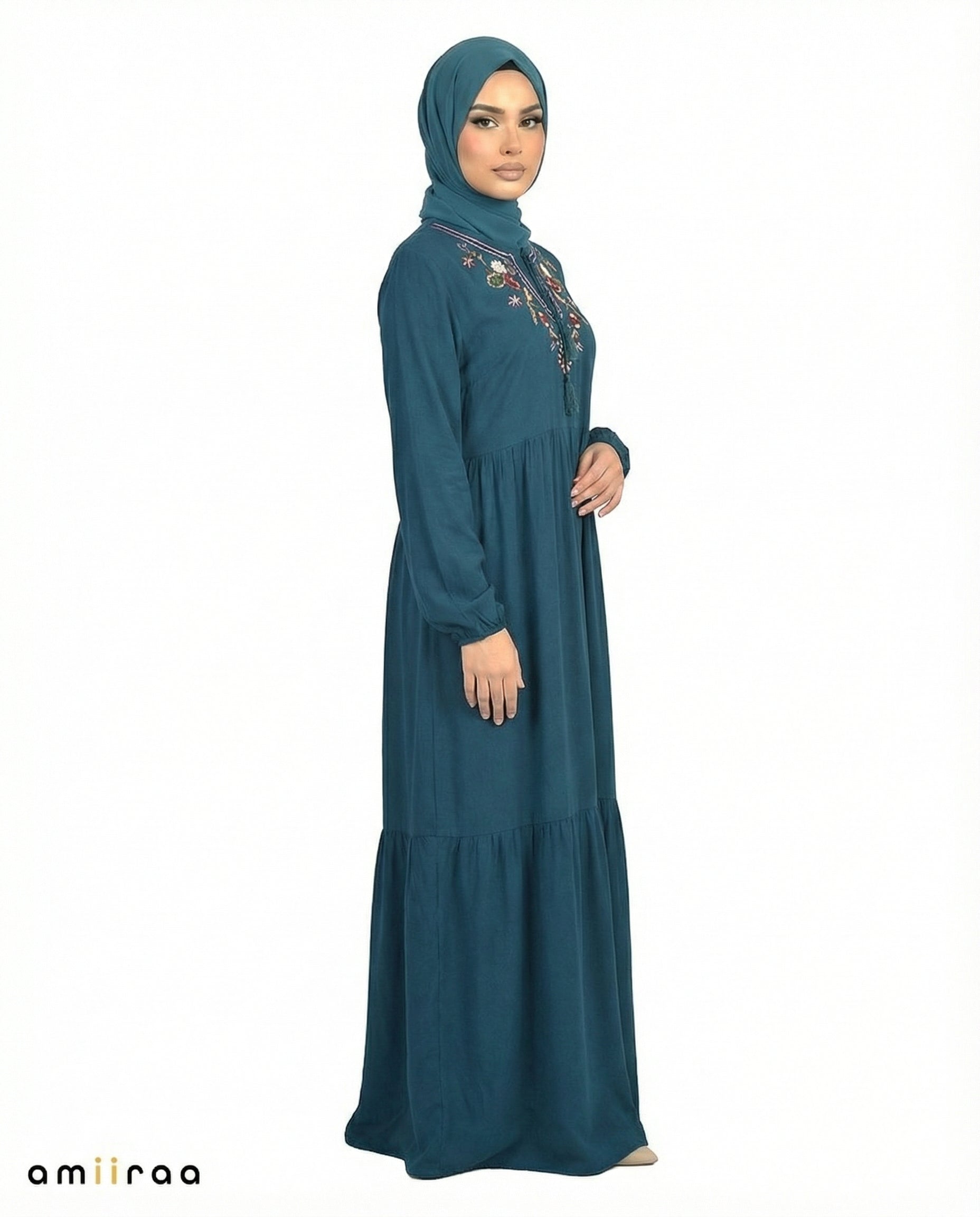 Moroccan Blue Floral Embroidered Tassel Tie Viscose Tiered Maxi Dress