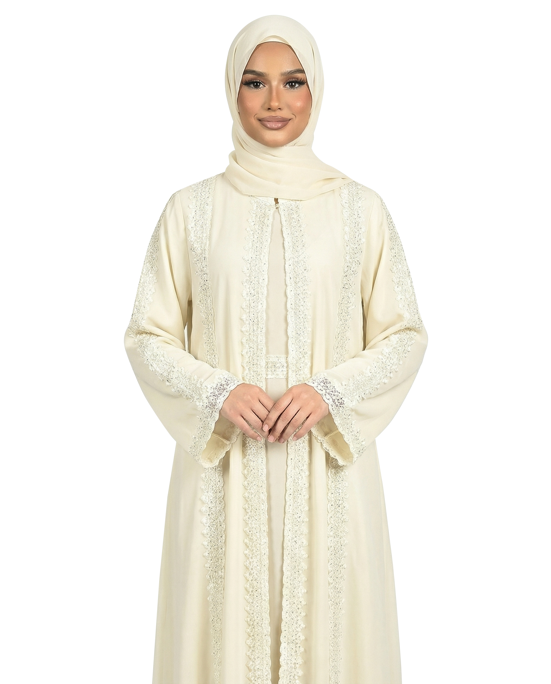Lace Detailed 3 Piece Modest Chiffon Abaya Set - Sea foam