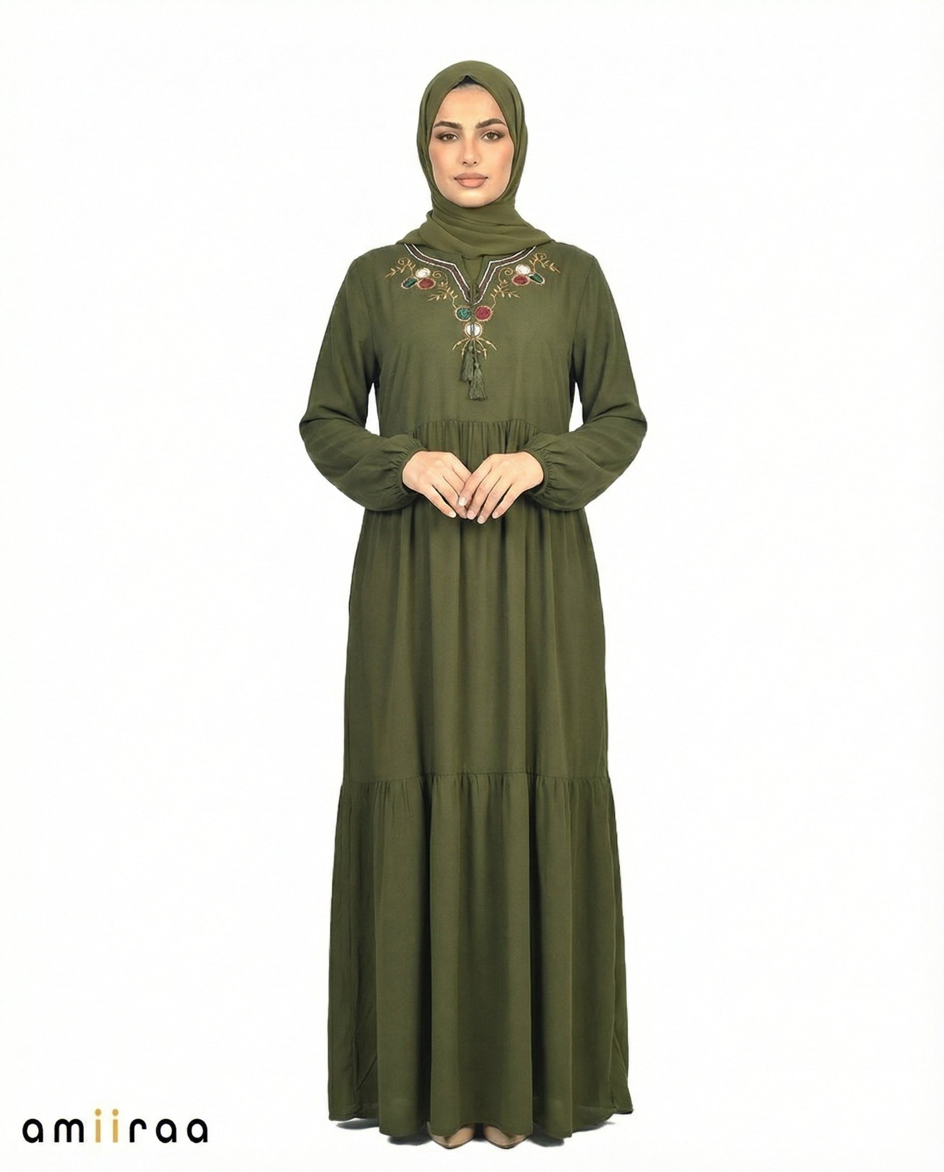 Pine Grove Floral Embroidered Tassel Tie Viscose Tiered Maxi Dress
