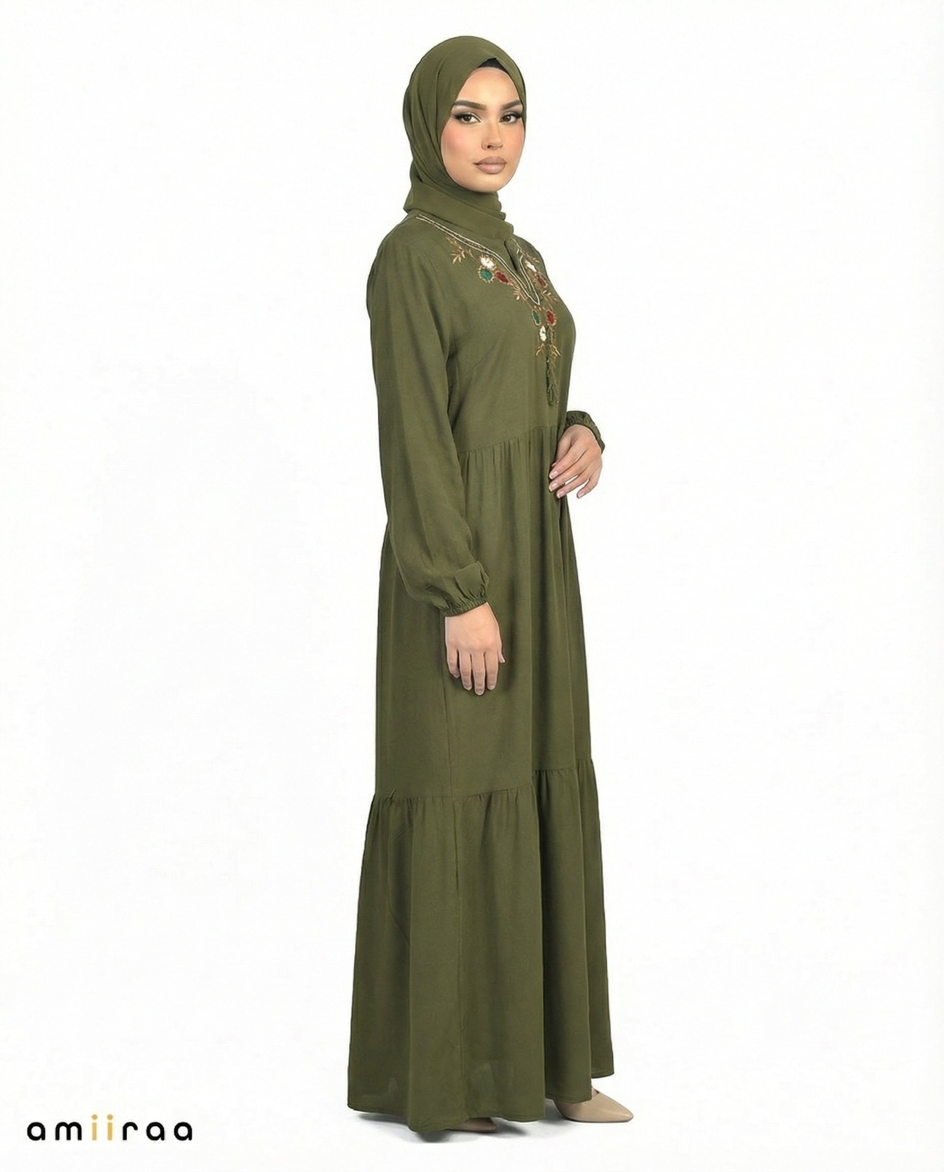 Pine Grove Floral Embroidered Tassel Tie Viscose Tiered Maxi Dress