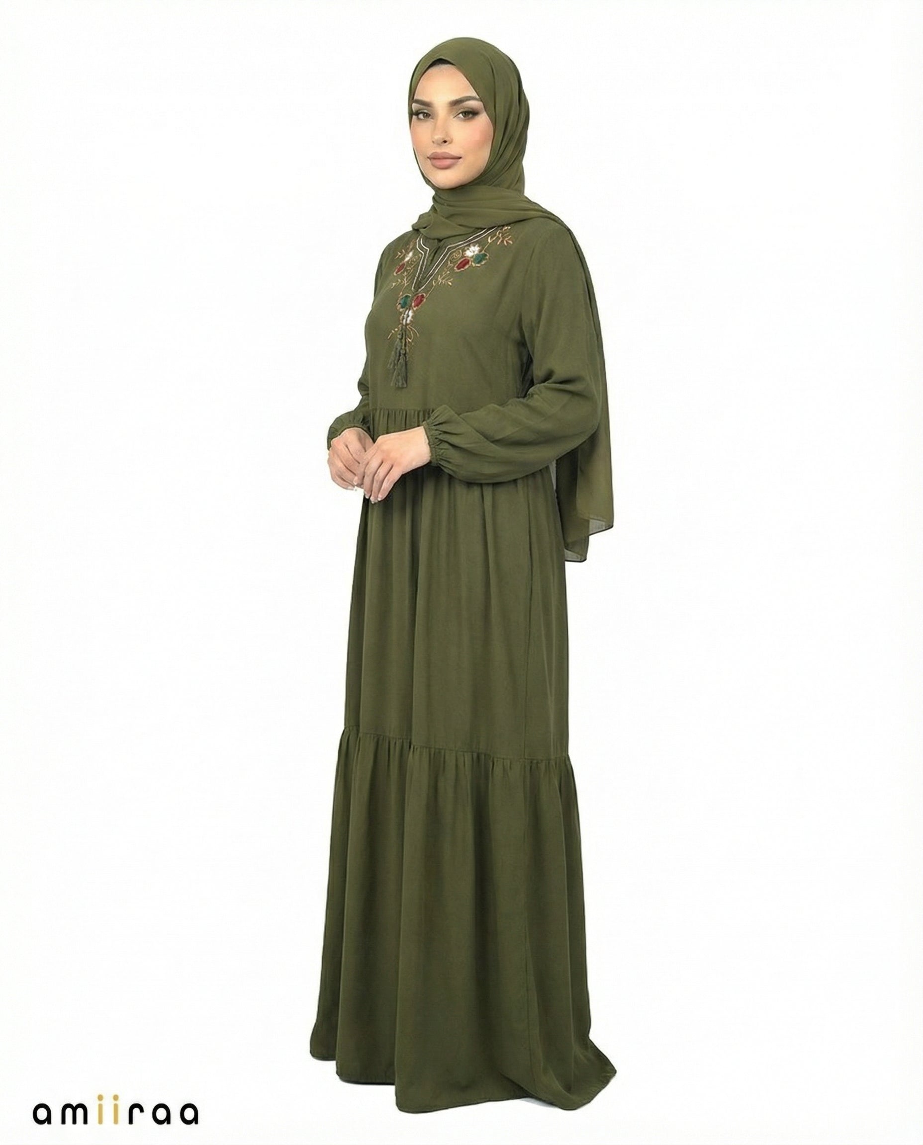 Pine Grove Floral Embroidered Tassel Tie Viscose Tiered Maxi Dress