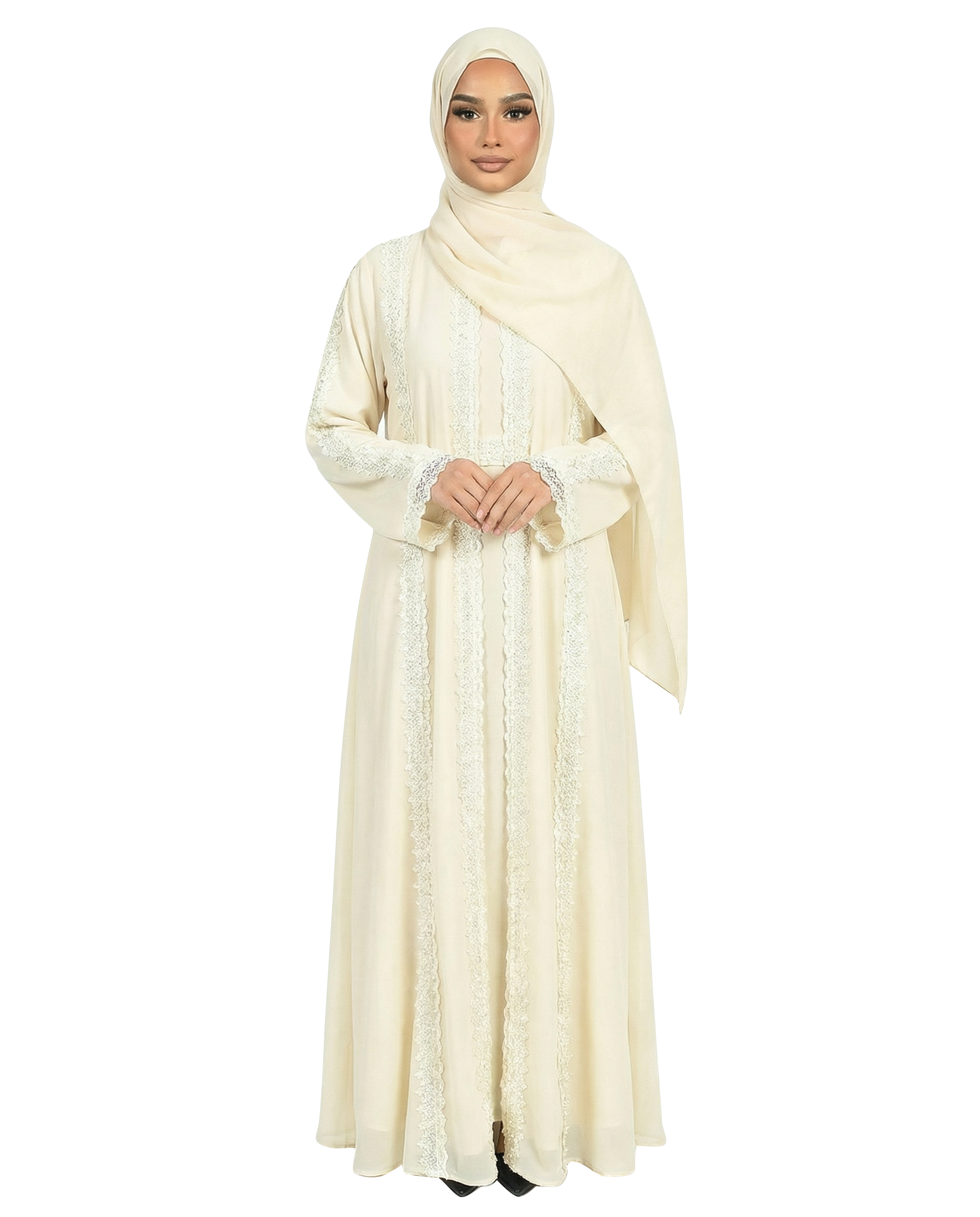 Lace Detailed 3 Piece Modest Chiffon Abaya Set - Sea foam