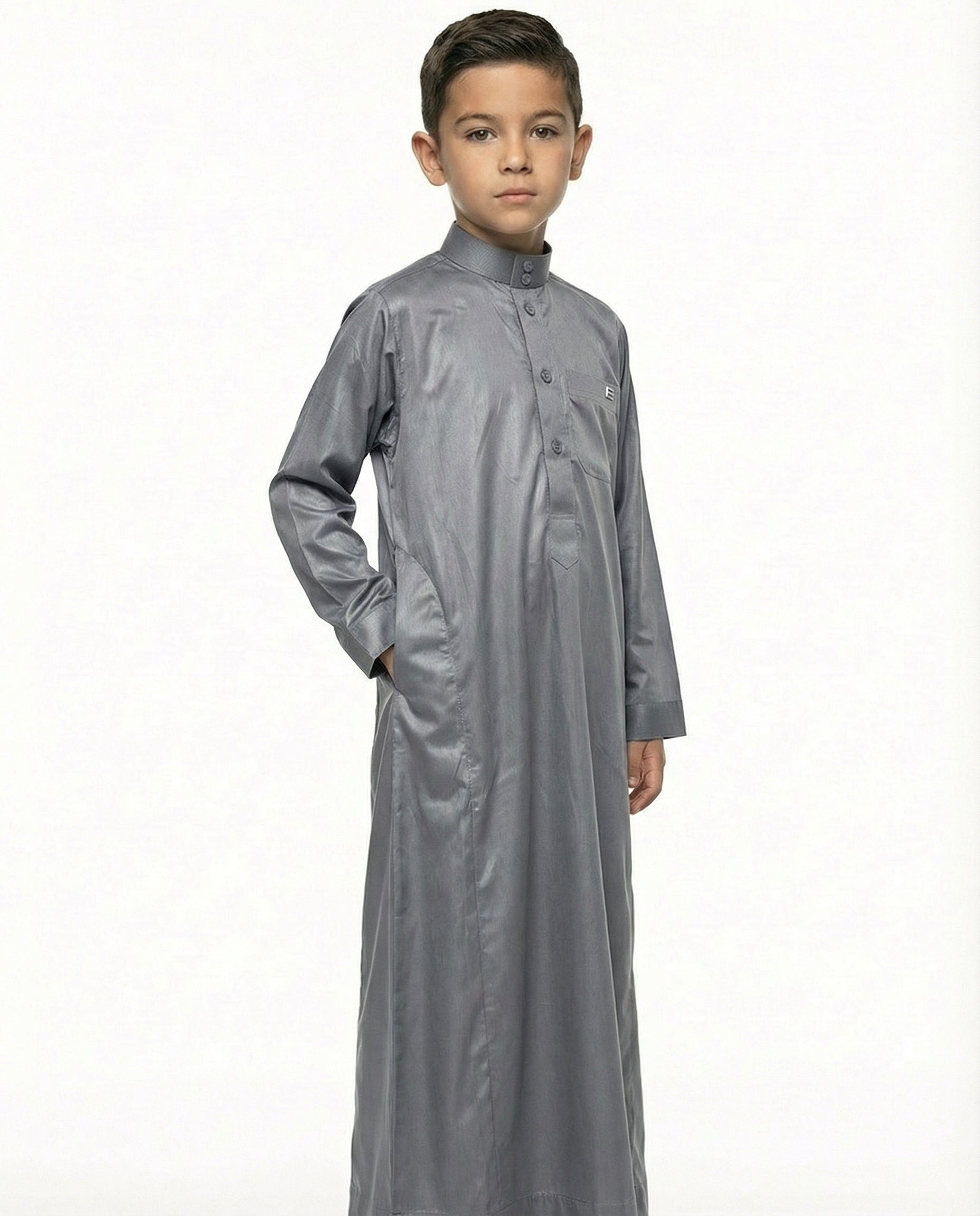 Gray Emirati Button Collar Thobe with Metal Pocket Badge