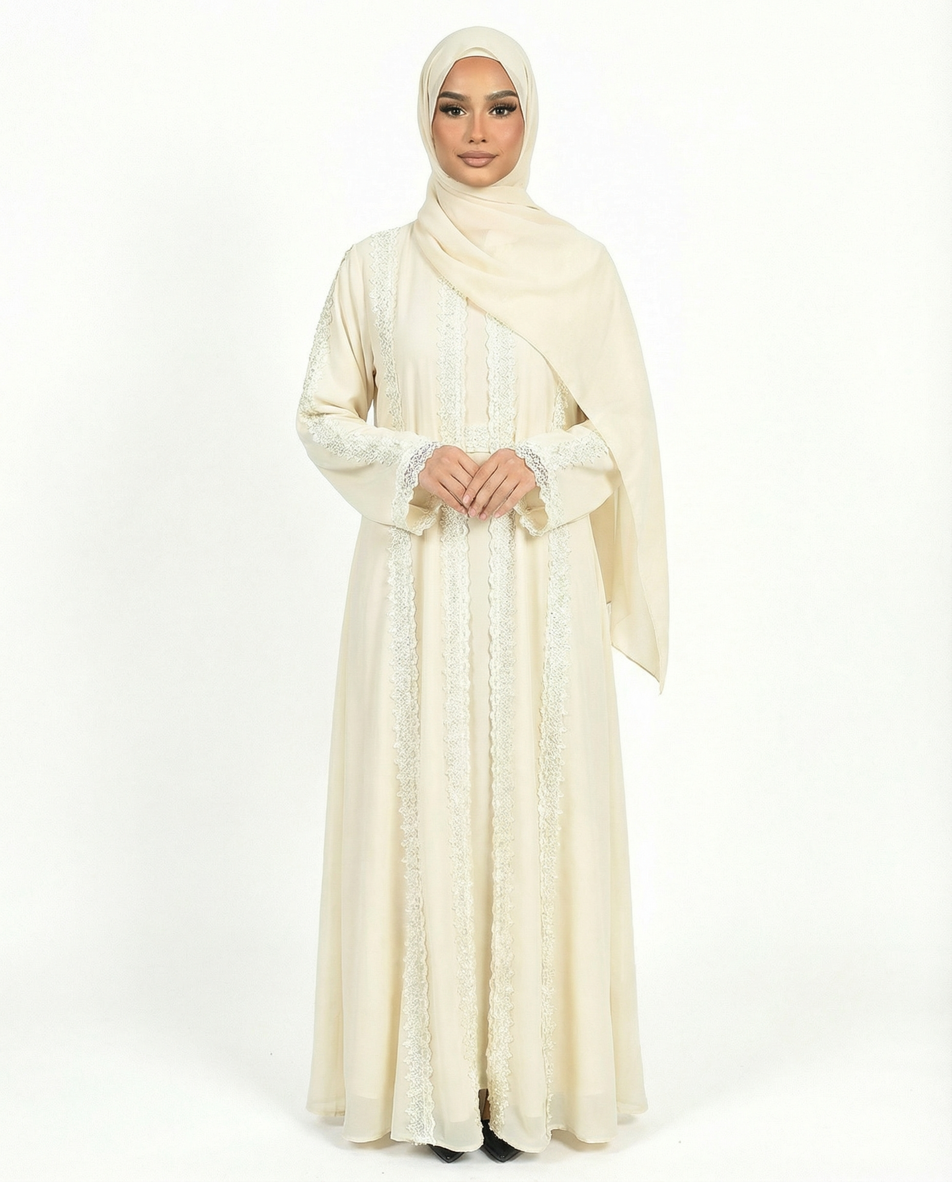Lace Detailed 3 Piece Modest Chiffon Abaya Set - Sea foam
