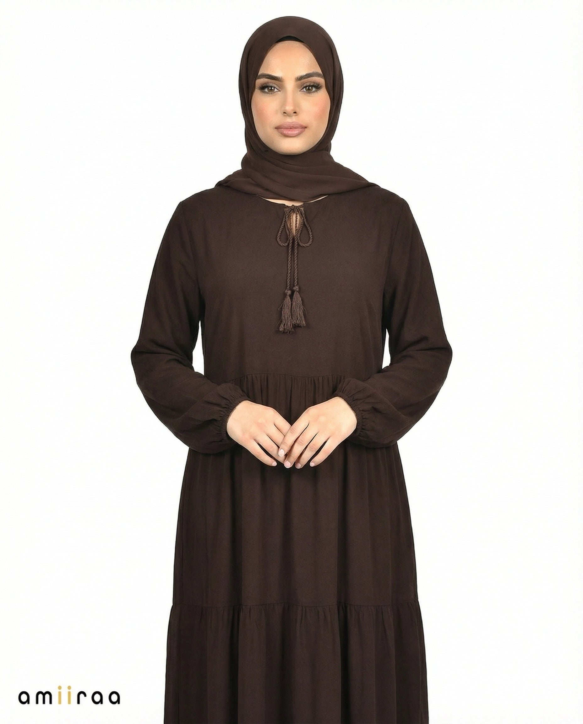Licorice Viscose Tassel Tie Tiered Dress