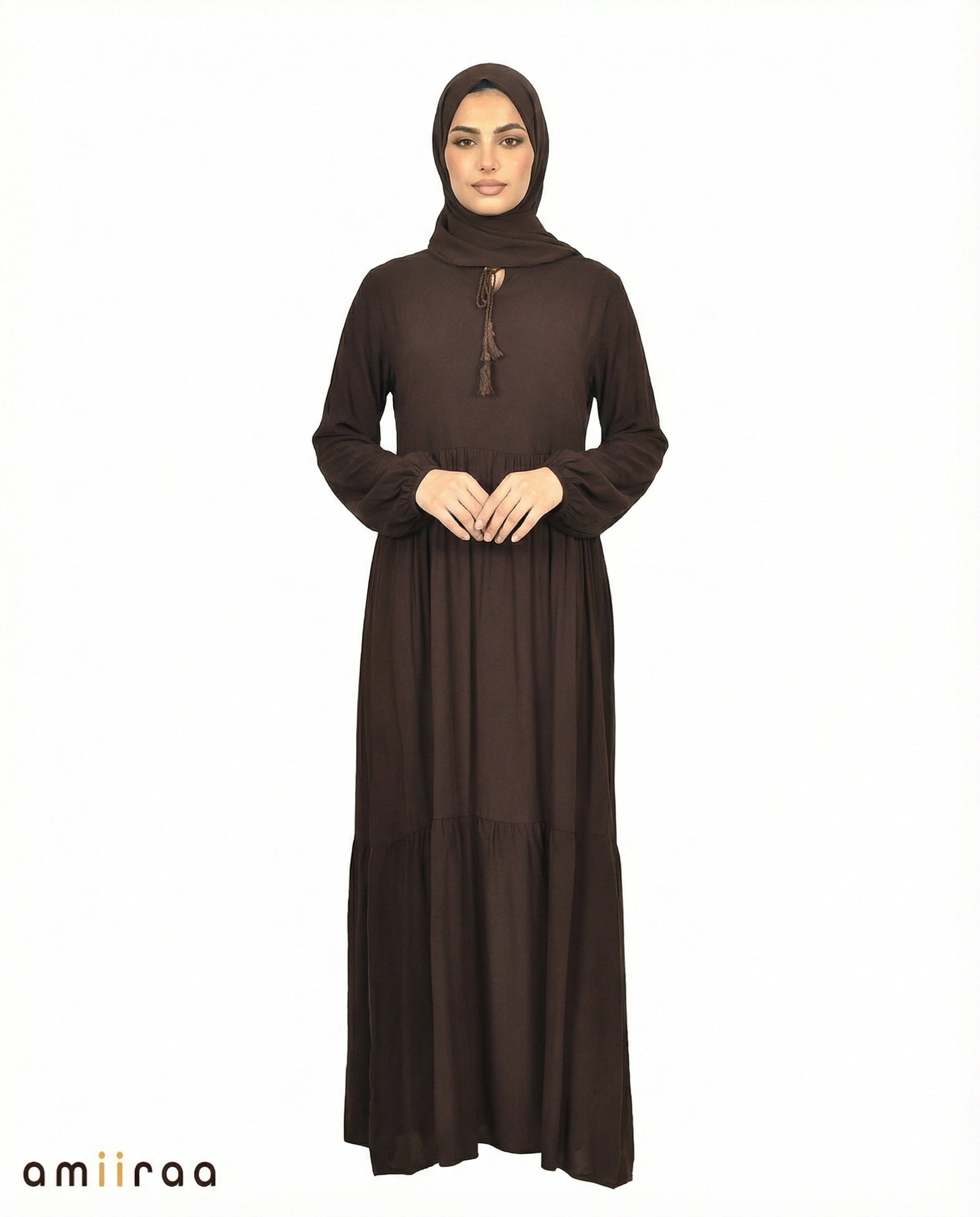 Licorice Viscose Tassel Tie Tiered Dress