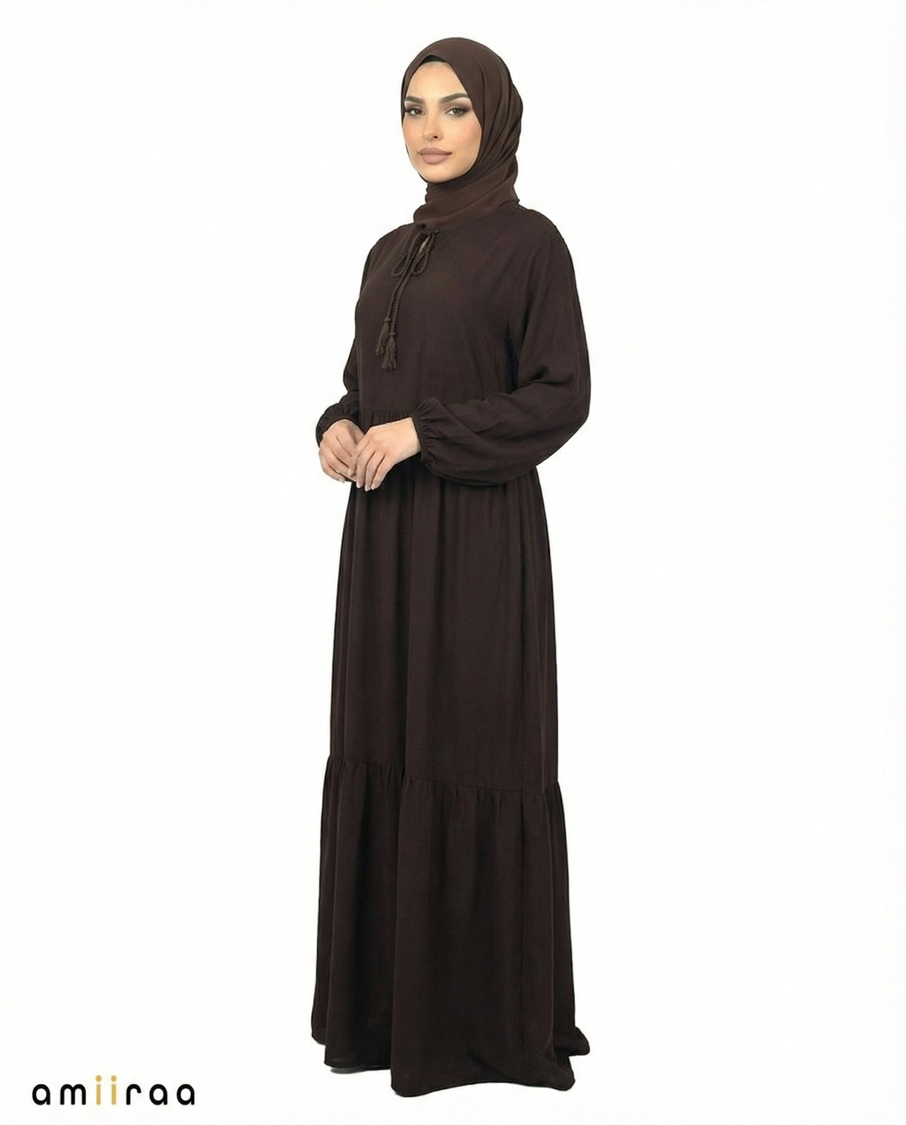 Licorice Viscose Tassel Tie Tiered Dress