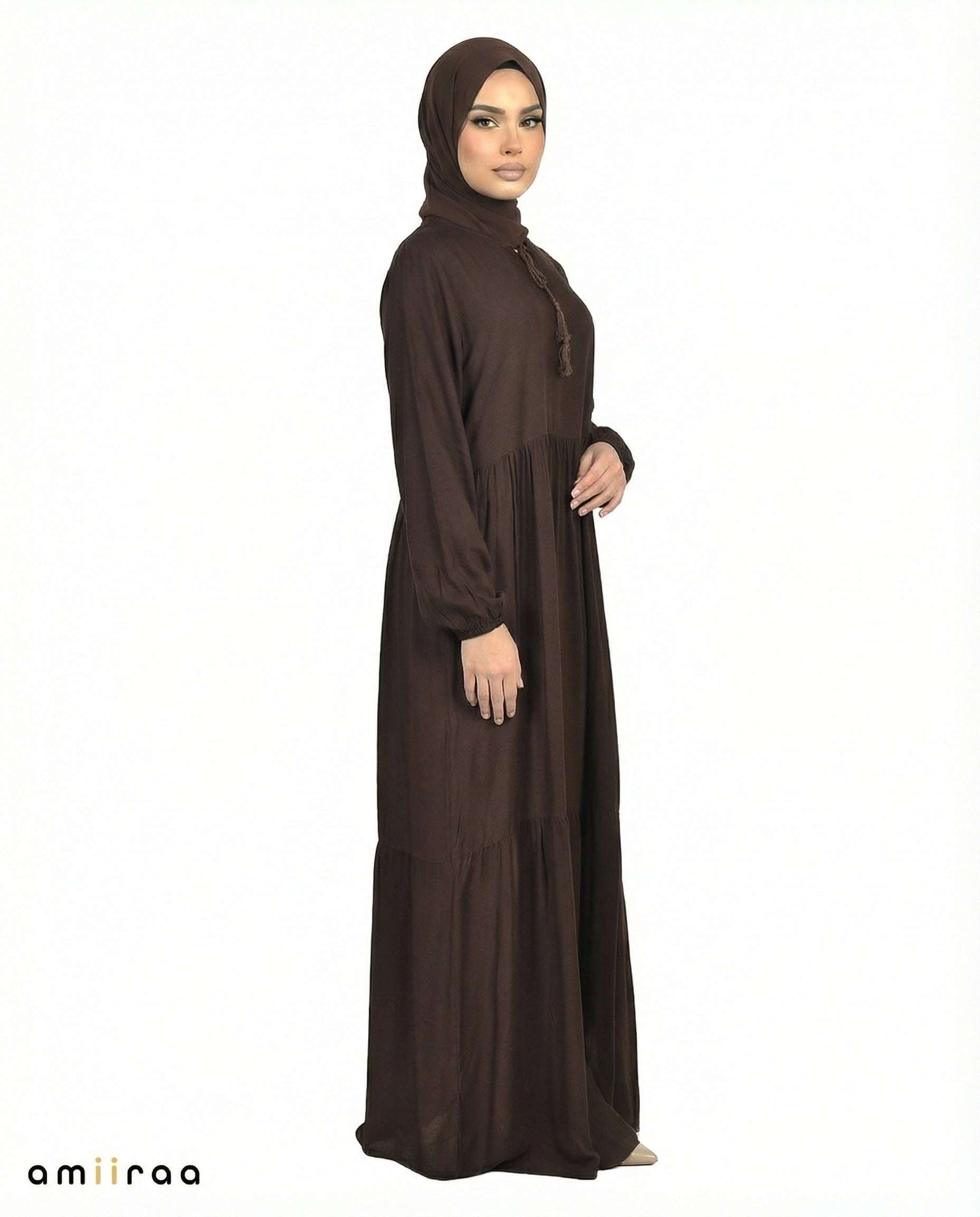 Licorice Viscose Tassel Tie Tiered Dress