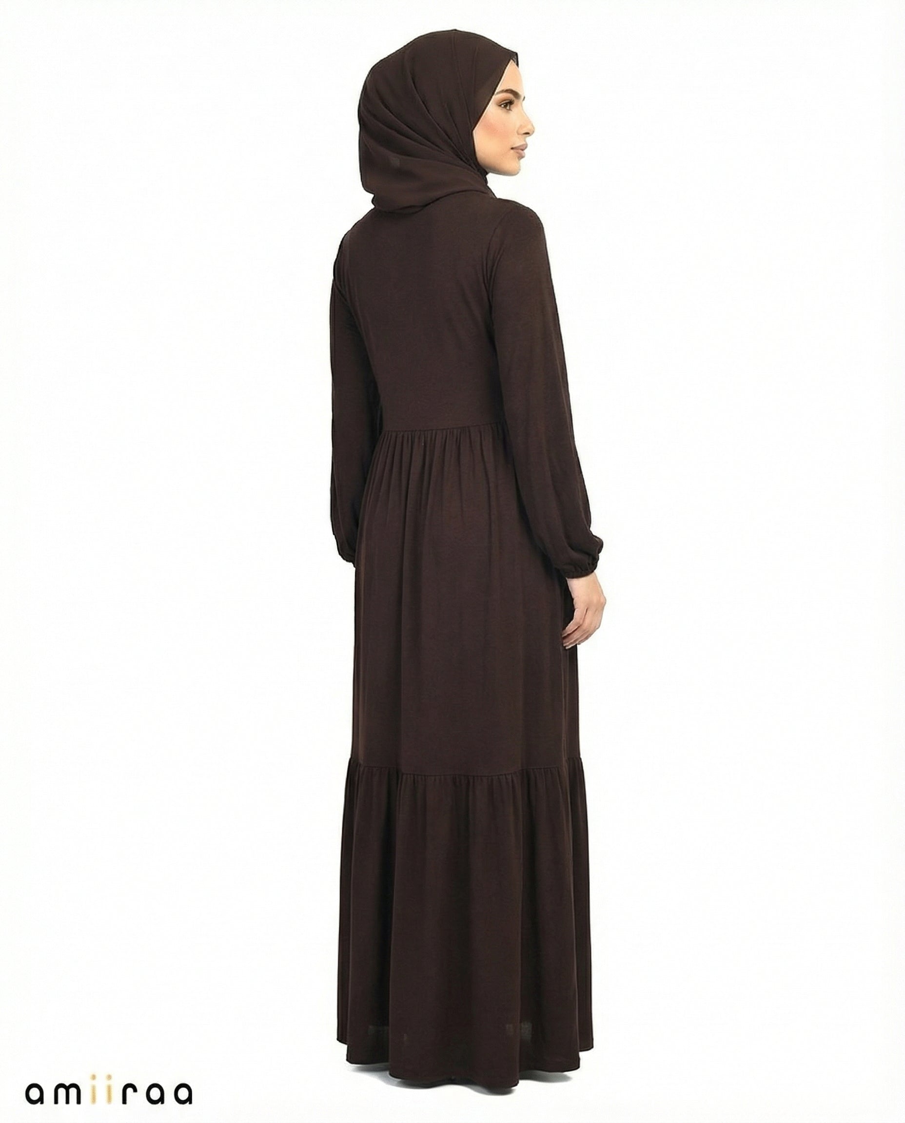 Licorice Viscose Tassel Tie Tiered Dress