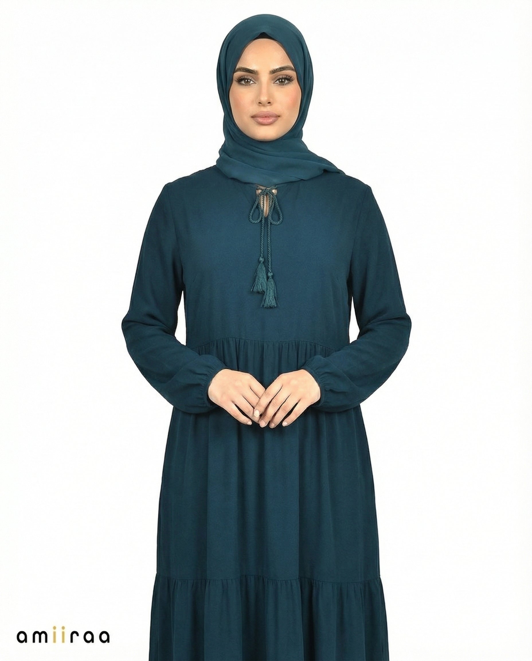 Moroccan Blue Viscose Tassel Tie Tiered Dress