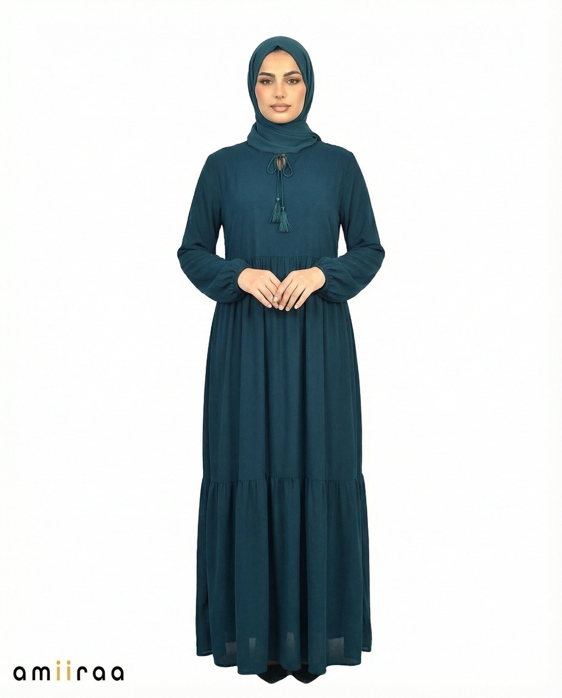 Moroccan Blue Viscose Tassel Tie Tiered Dress